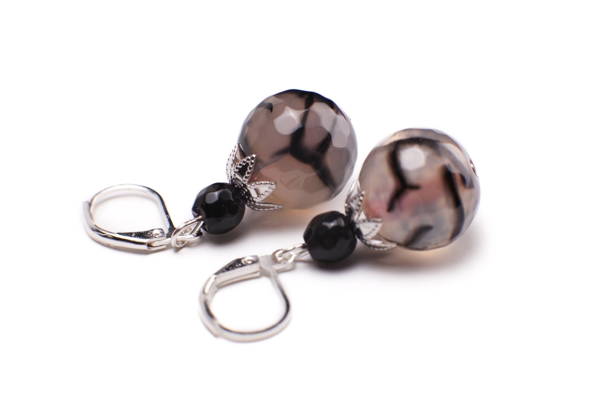 Natural Fire Agate, Dragon Vein Agate,14mm Faceted large Round 19&quot; Toggle Necklace Matching Earrings Jewelry Set.