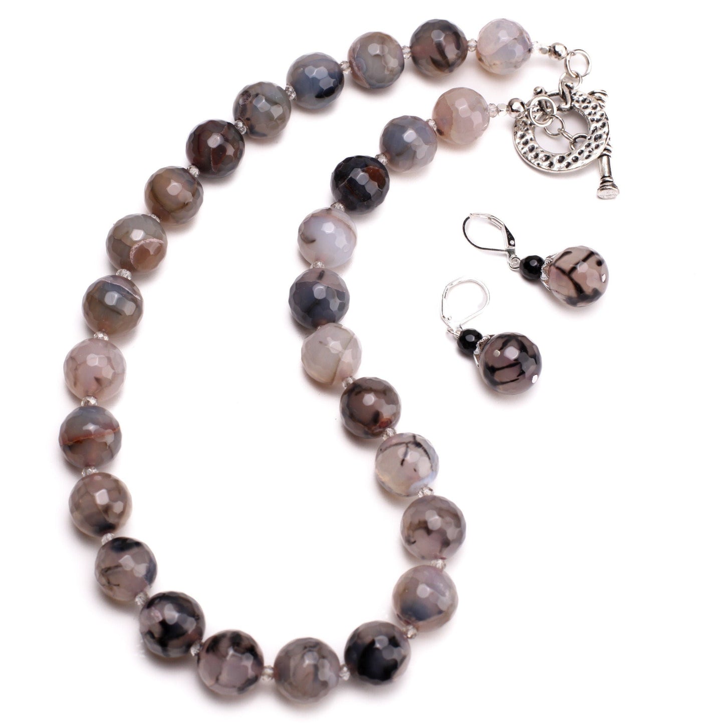 Natural Fire Agate, Dragon Vein Agate,14mm Faceted large Round 19" Toggle Necklace Matching Earrings Jewelry Set.