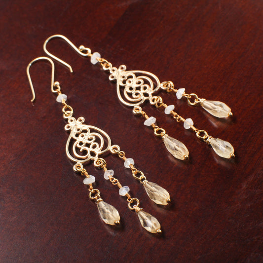 Citrine drop Briolette Chandelier Earrings, Faceted Moonstone Wire wrapped Gold Vermeil earwire, Gold Over 925 Sterling Silver Earrings