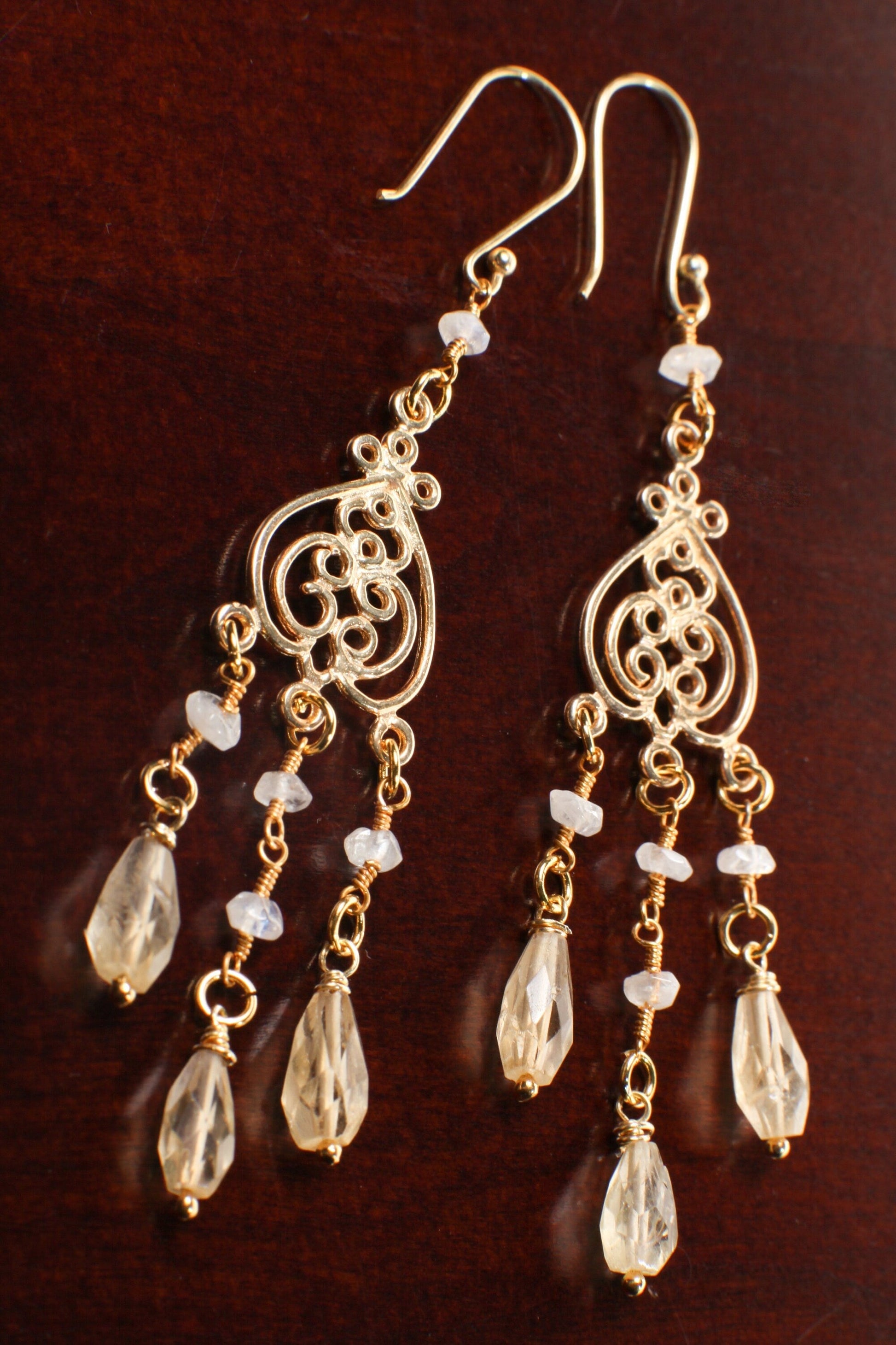 Citrine drop Briolette Chandelier Earrings, Faceted Moonstone Wire wrapped Gold Vermeil earwire, Gold Over 925 Sterling Silver Earrings