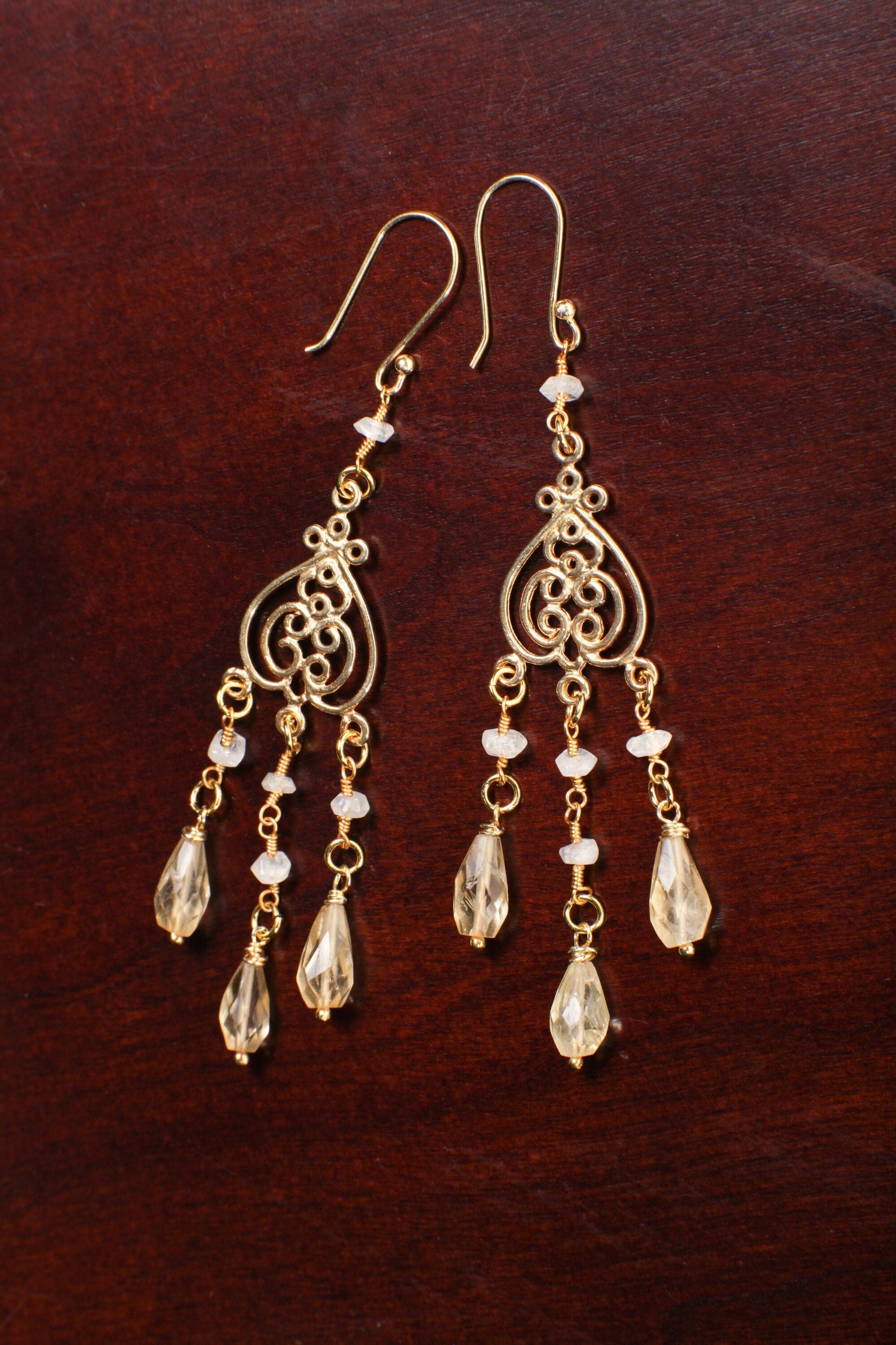 Citrine drop Briolette Chandelier Earrings, Faceted Moonstone Wire wrapped Gold Vermeil earwire, Gold Over 925 Sterling Silver Earrings