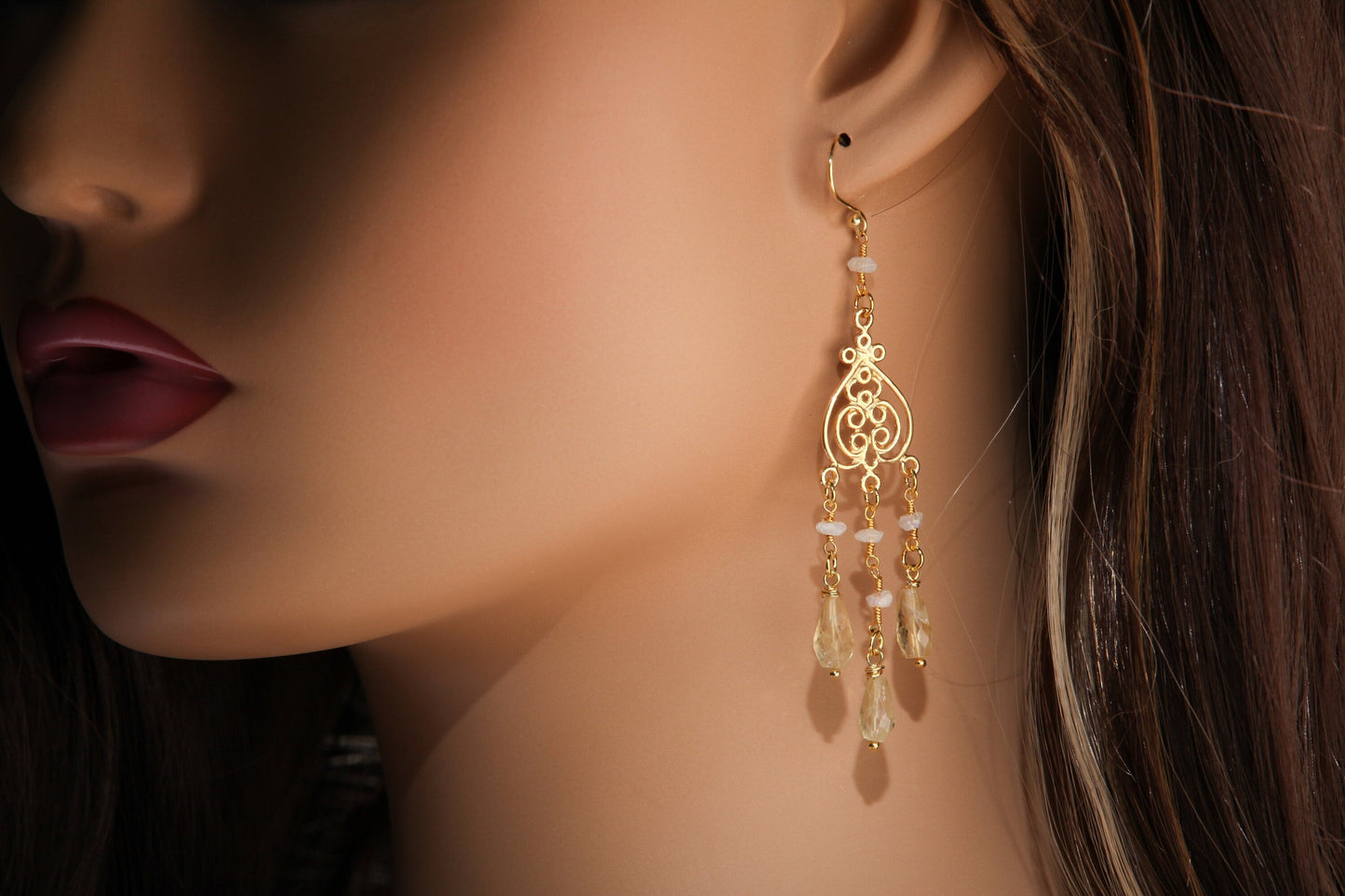 Citrine drop Briolette Chandelier Earrings, Faceted Moonstone Wire wrapped Gold Vermeil earwire, Gold Over 925 Sterling Silver Earrings