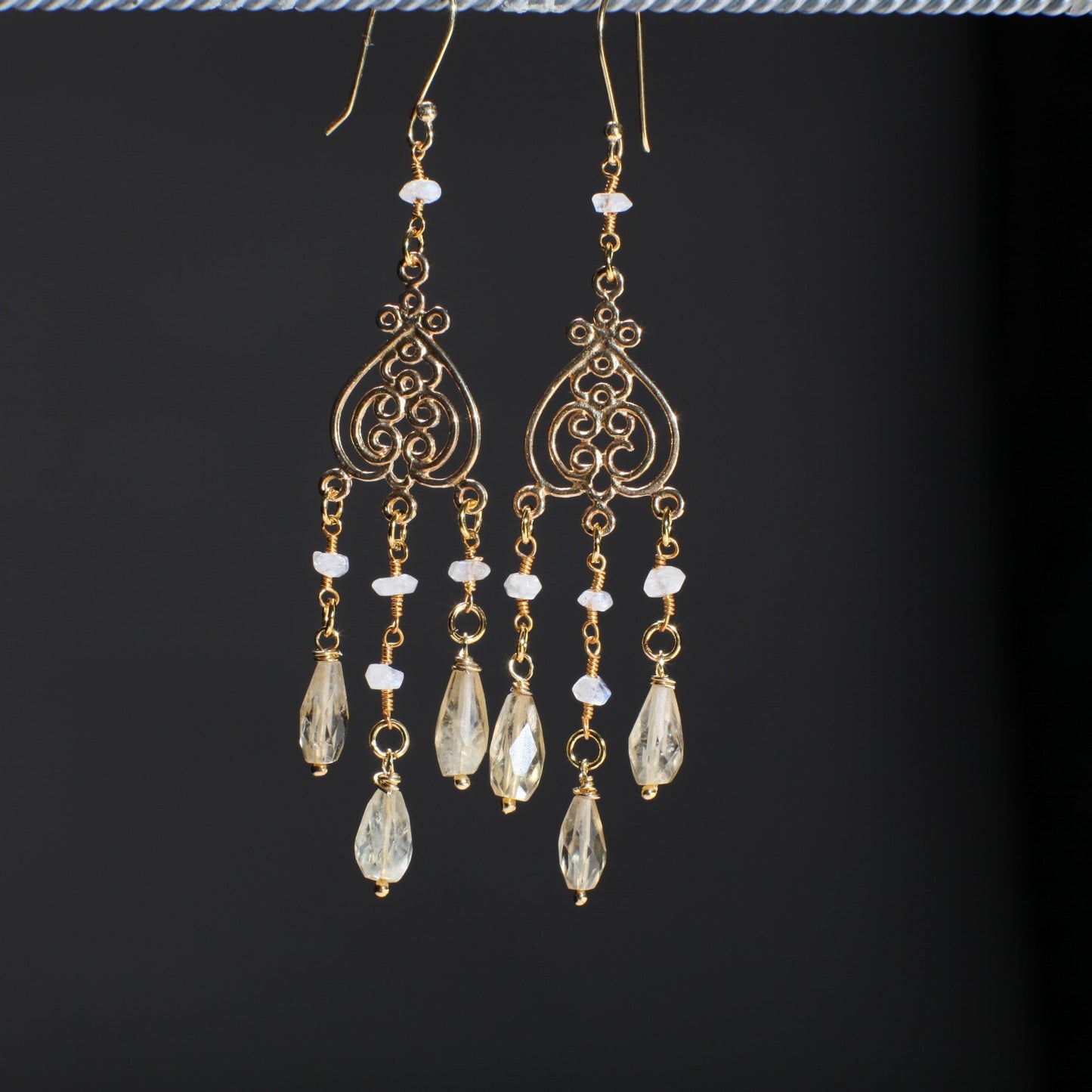 Citrine drop Briolette Chandelier Earrings, Faceted Moonstone Wire wrapped Gold Vermeil earwire, Gold Over 925 Sterling Silver Earrings