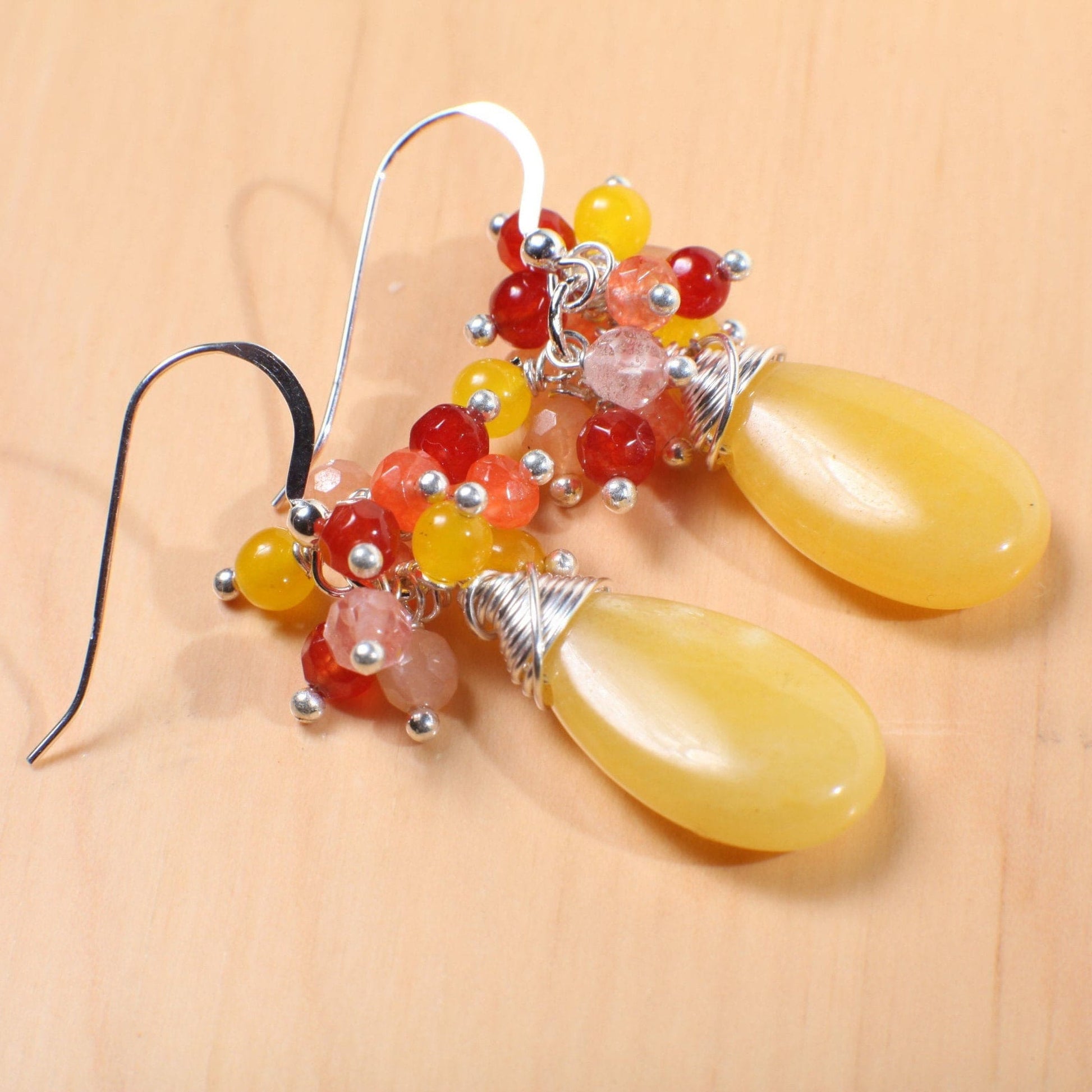 Carnelian, Yellow Jade, Strawberry Quartz Clusters, Ambronite Long Tear Drop Wire Wrapped 925 Sterling Silver Earwire,Available in Leverback