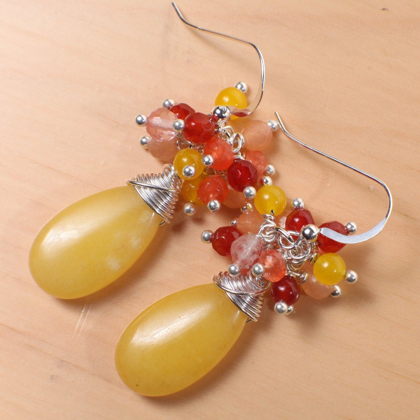 Carnelian, Yellow Jade, Strawberry Quartz Clusters, Ambronite Long Tear Drop Wire Wrapped 925 Sterling Silver Earwire,Available in Leverback