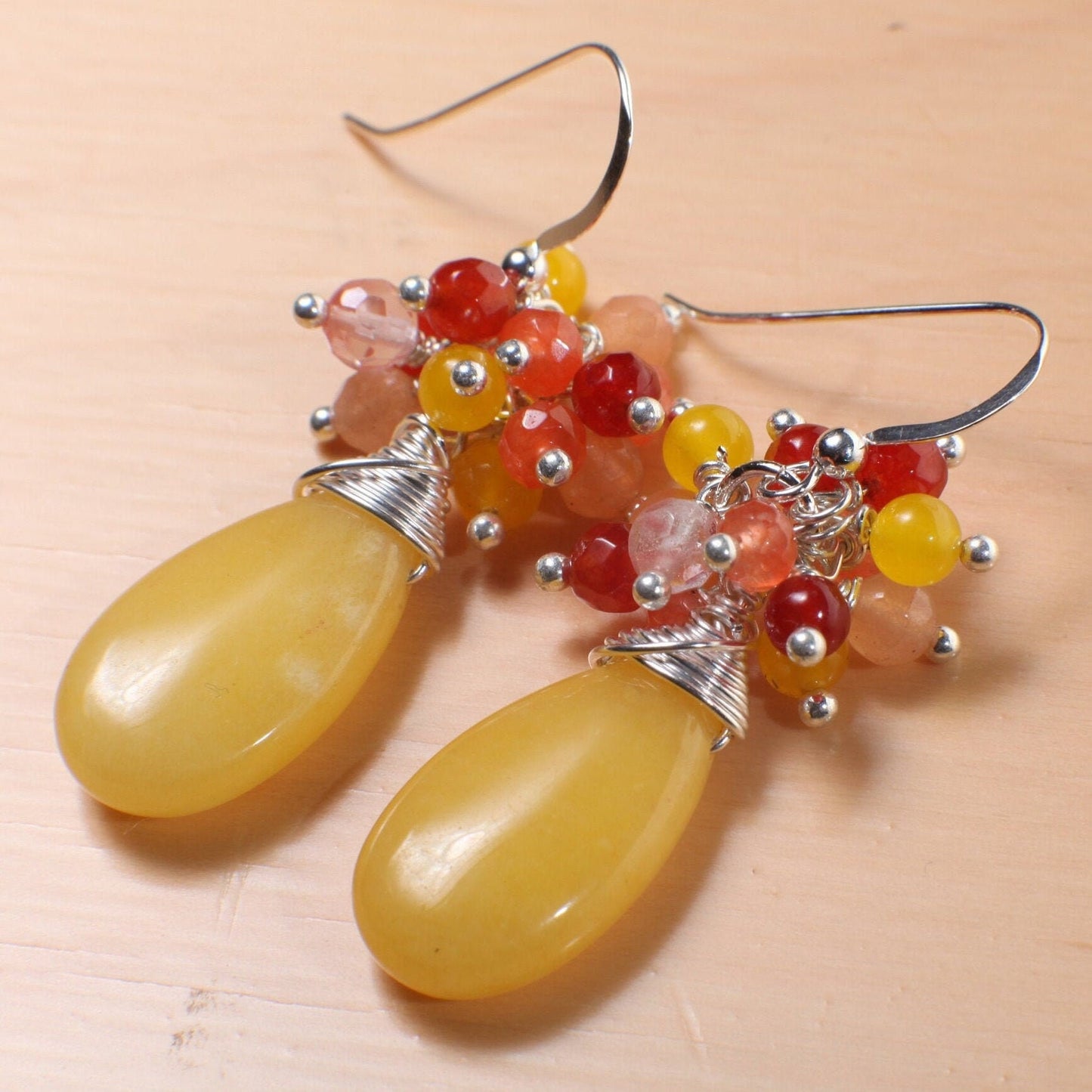 Carnelian, Yellow Jade, Strawberry Quartz Clusters, Ambronite Long Tear Drop Wire Wrapped 925 Sterling Silver Earwire,Available in Leverback