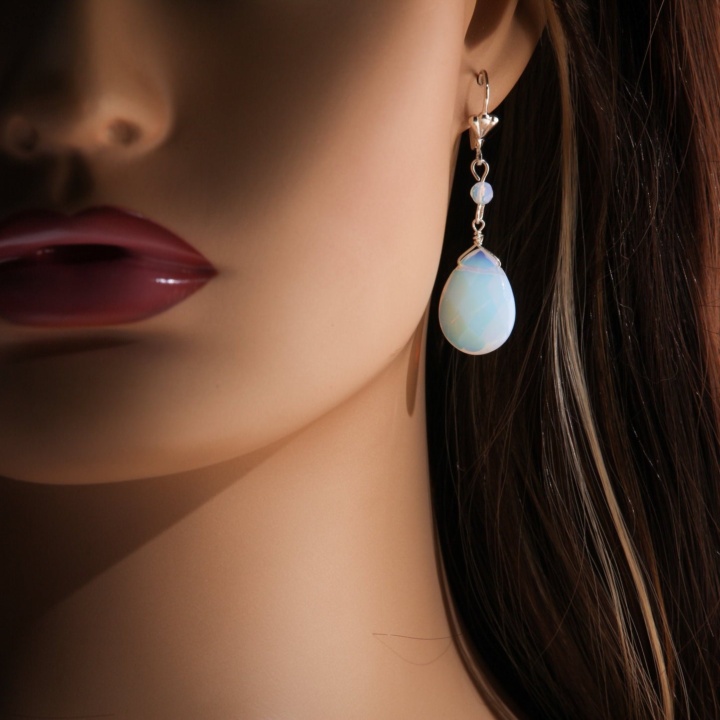 Opalite Faceted large drop Briolette 15x20mm Tear Drop Dangling with Opalite Rondelle in Silver Leverback Earrings