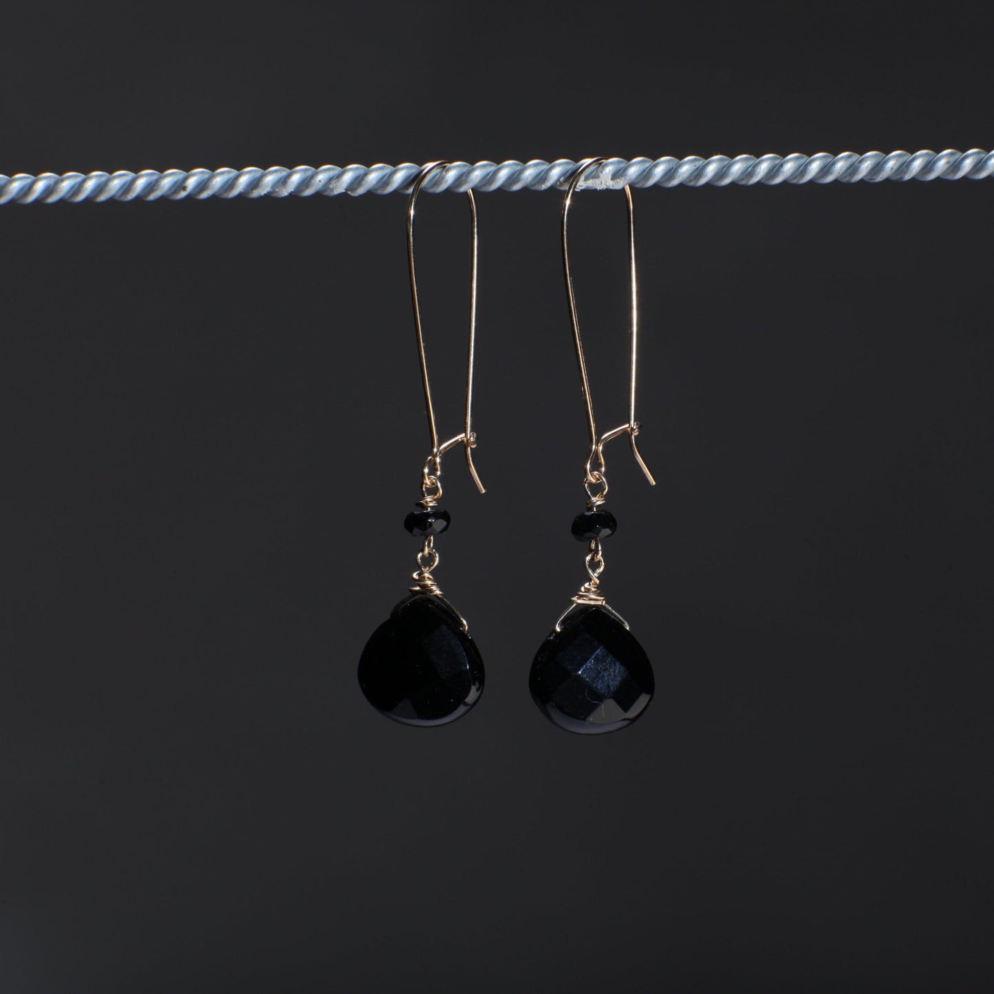 Black Onyx Faceted Teardrop Dangling Wire Wrapped Kidney Earwire in 14K Gold Filled, Also Available in 925 Sterling Silver