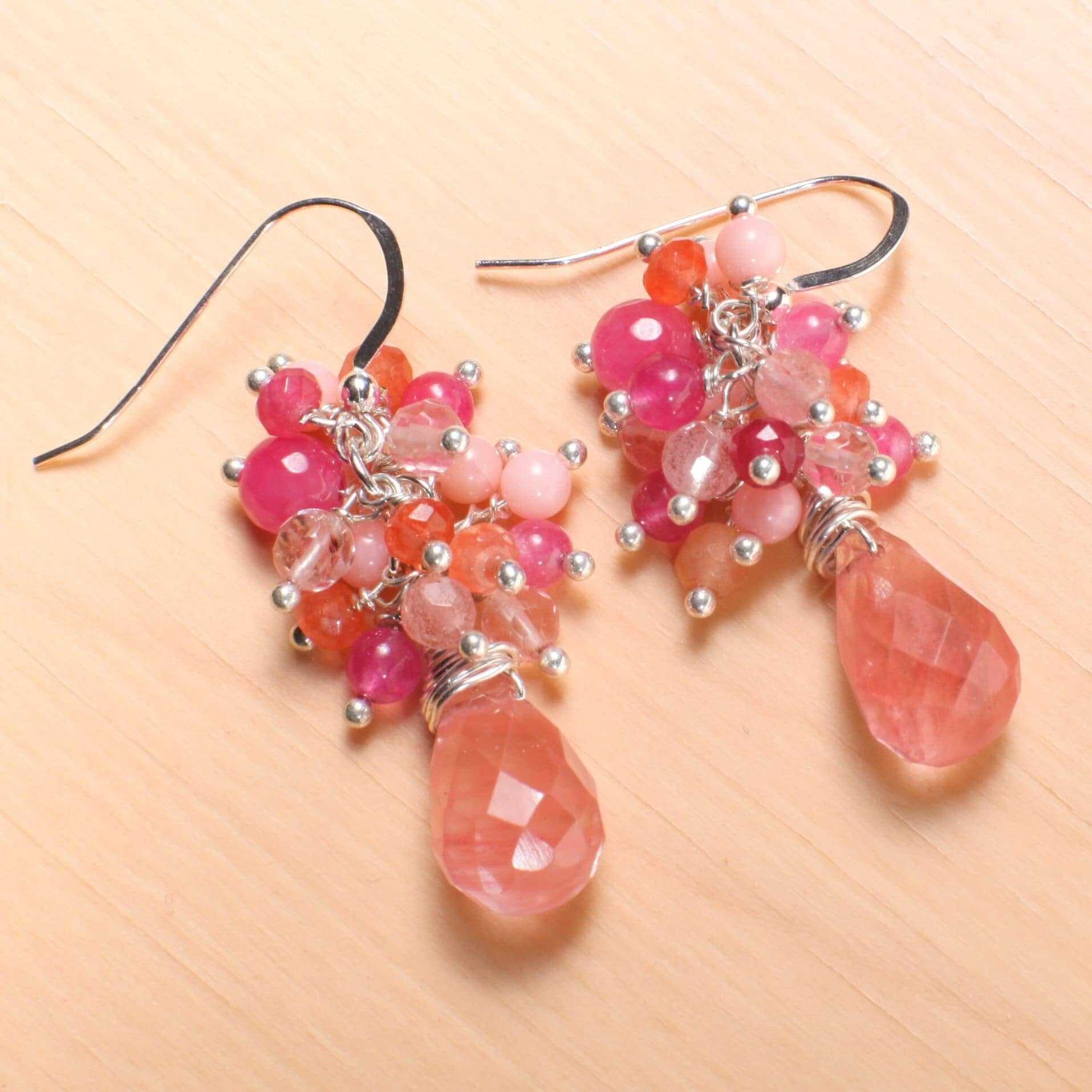 Strawberry Quartz Faceted 10x14mm drop , cluster with Pink Coral, Carnelian Cherry Quartz Wired 925 Sterling Silver Earring,summer gift