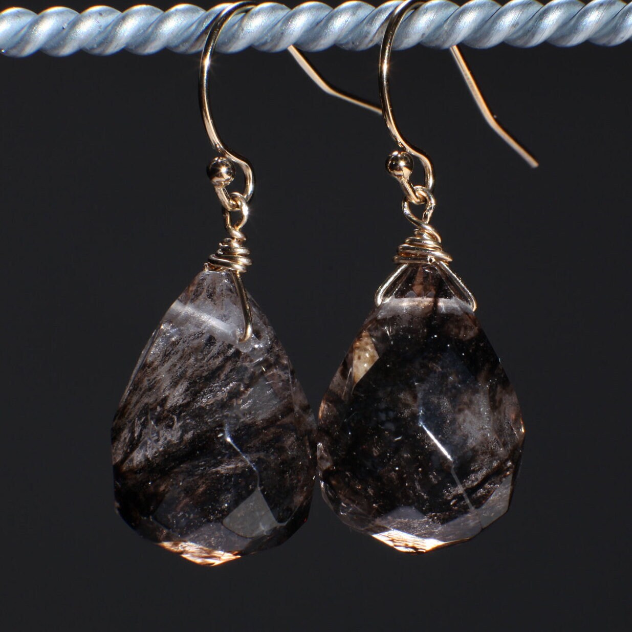 Black Rutilated Quartz Wire Wrapped 12x16mm drop in 925 Sterling Silver and 14K Gold Filled earrings in French Hook Earwire or Leverback.