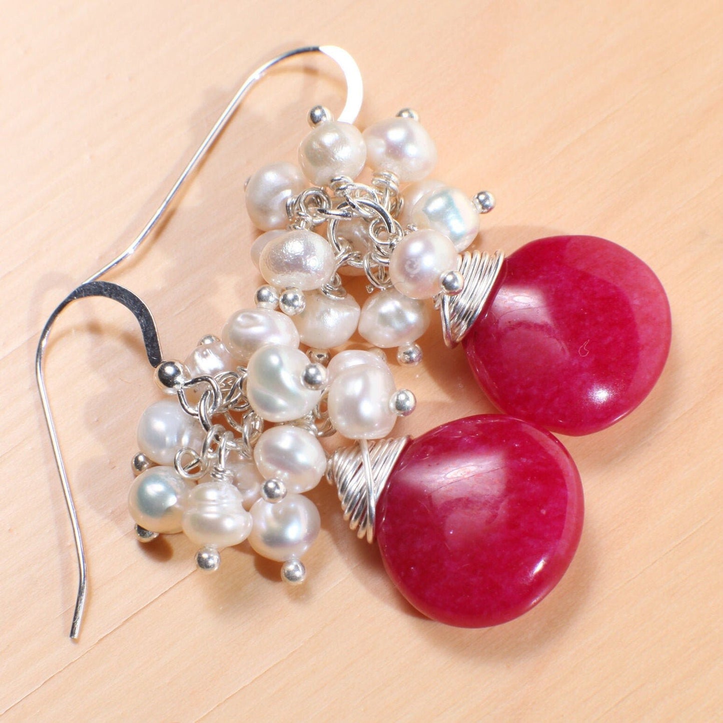 Freshwater Pearl Cluster with Hot Pink Fuchsia Quartz Teardrop Wire Wrapped Dangling Earrings in 925 Sterling Silver Earwire, Handmade Gift