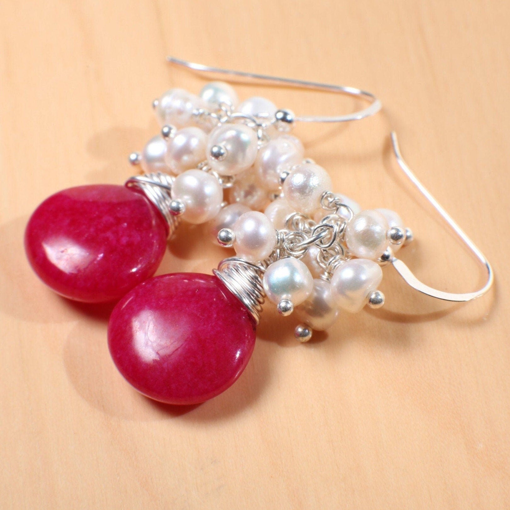 Freshwater Pearl Cluster with Hot Pink Fuchsia Quartz Teardrop Wire Wrapped Dangling Earrings in 925 Sterling Silver Earwire, Handmade Gift