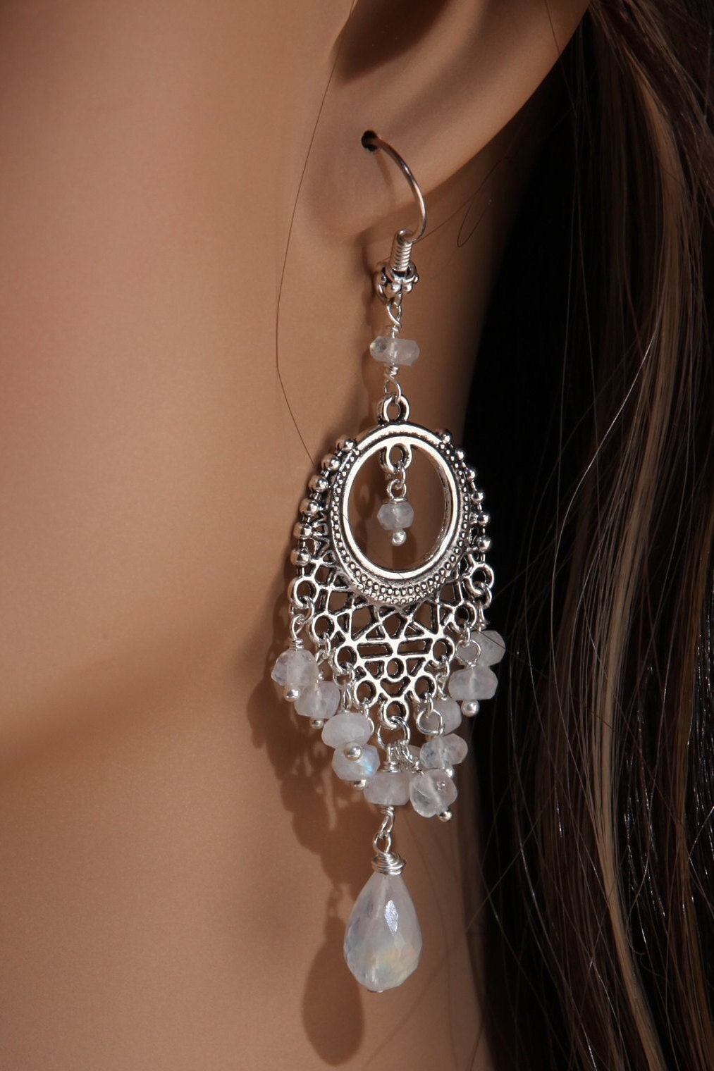 Moonstone Chandelier Earrings Briolette Teardrop Accents with Moonstone Clusters in 925 Sterling Bali Silver Ear Wire, Bridal Earrings