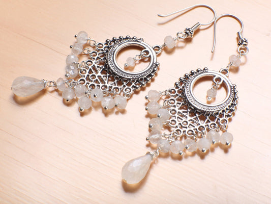Moonstone Chandelier Earrings Briolette Teardrop Accents with Moonstone Clusters in 925 Sterling Bali Silver Ear Wire, Bridal Earrings