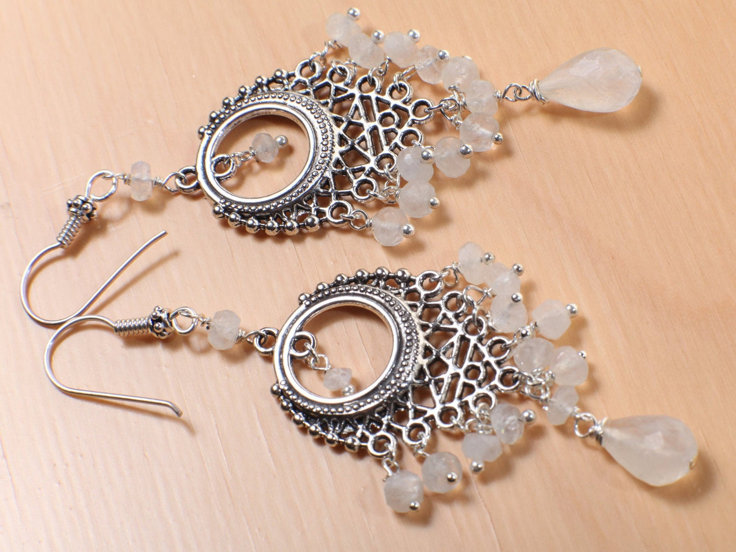 Moonstone Chandelier Earrings Briolette Teardrop Accents with Moonstone Clusters in 925 Sterling Bali Silver Ear Wire, Bridal Earrings