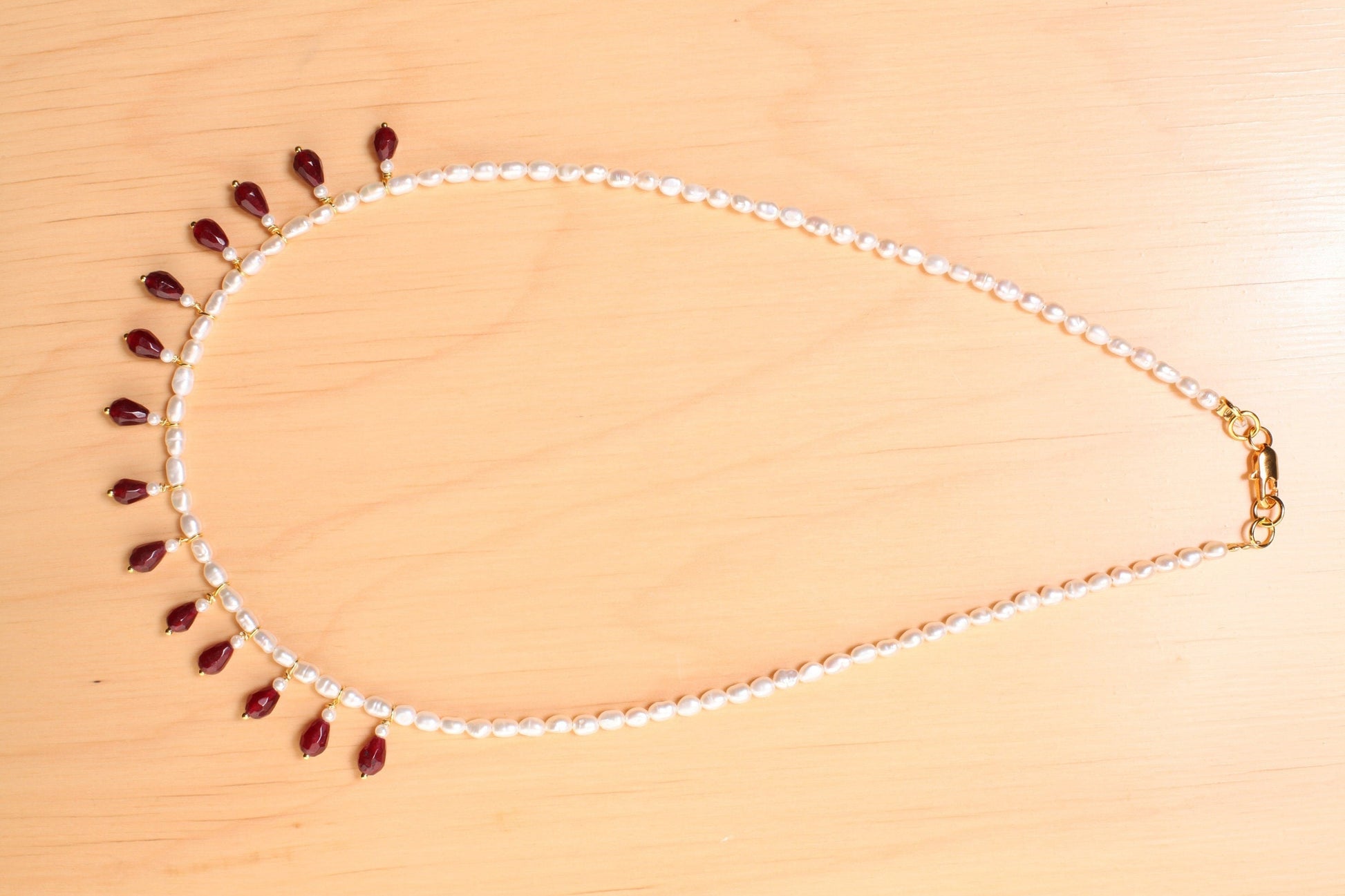Genuine Freshwater Pearl and Garnet Wire Wrapped Drop Handmade Bib Necklace. Available in Gold or Silver. Gift For her