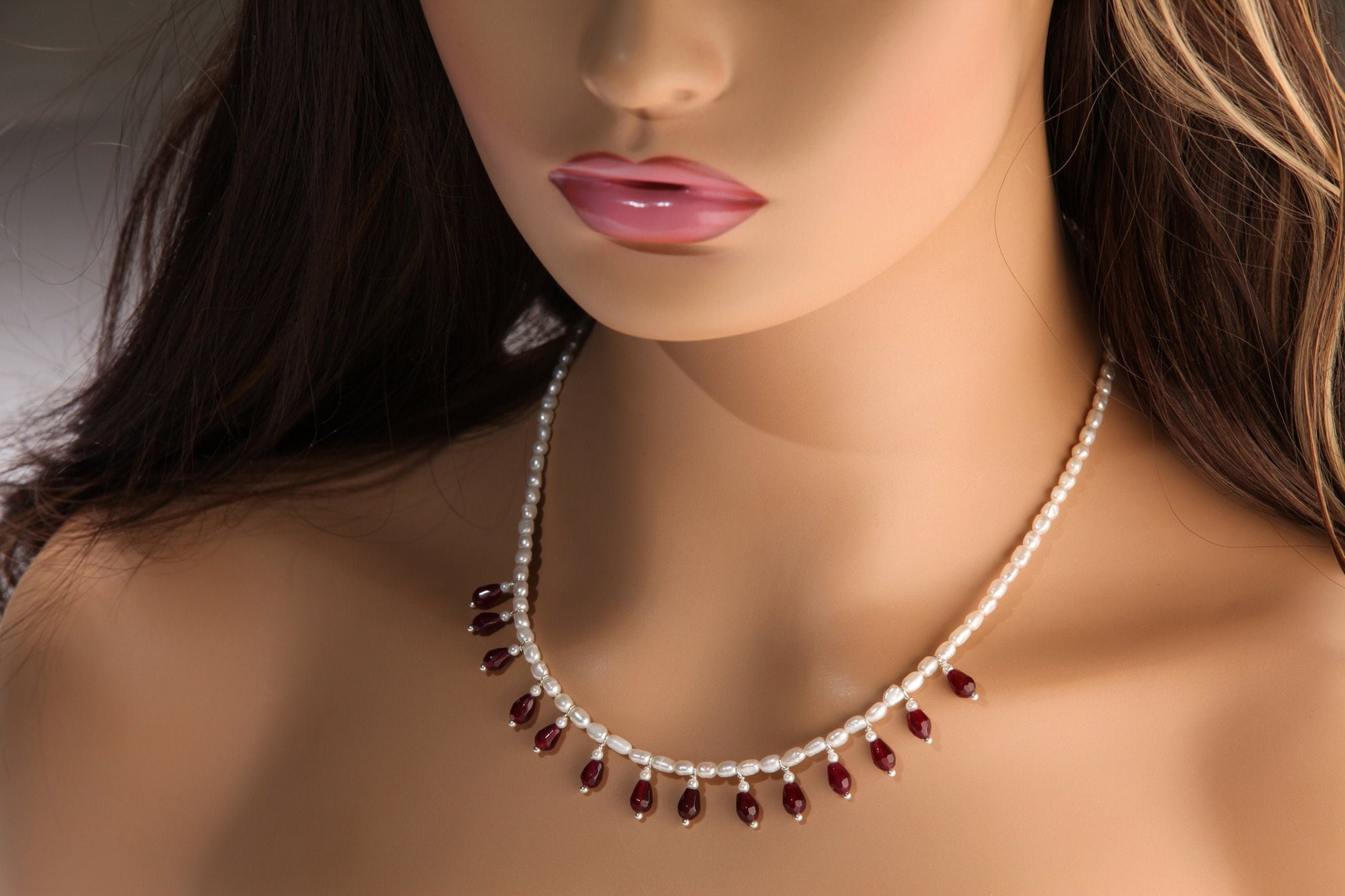 Genuine Freshwater Pearl and Garnet Wire Wrapped Drop Handmade Bib Necklace. Available in Gold or Silver. Gift For her