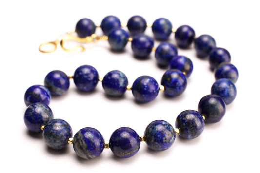 Natural Lapis Lazuli 16mm Plain Round with Gold Bali Style Spacer, Handmade Necklace