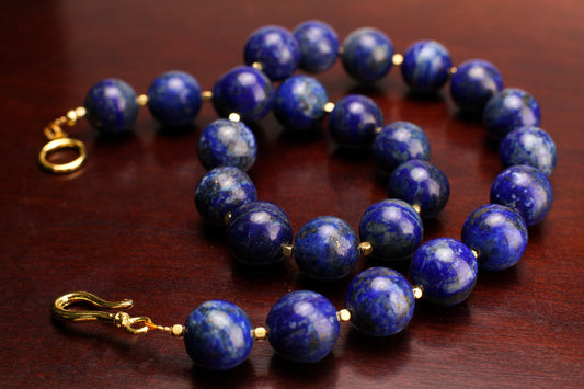 Natural Lapis Lazuli 16mm Plain Round with Gold Bali Style Spacer, Handmade Necklace