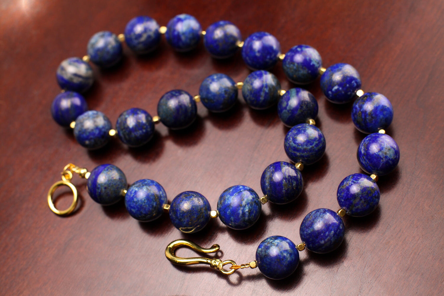 Natural Lapis Lazuli 16mm Plain Round with Gold Bali Style Spacer, Handmade Necklace