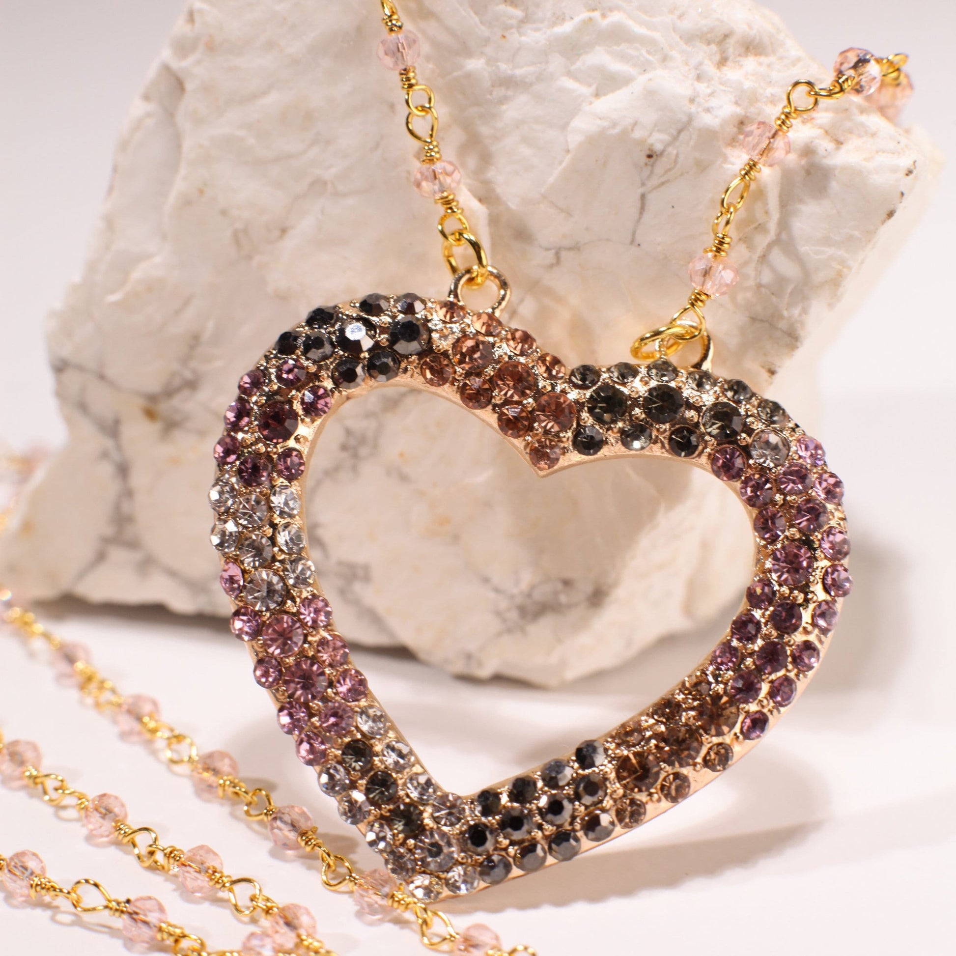 Cubic Zirconia CZ Diamond Style 39mm Heart Pendant, Gold Pink Crystal Wire Wrapped chain Necklace, valentines Gift for her