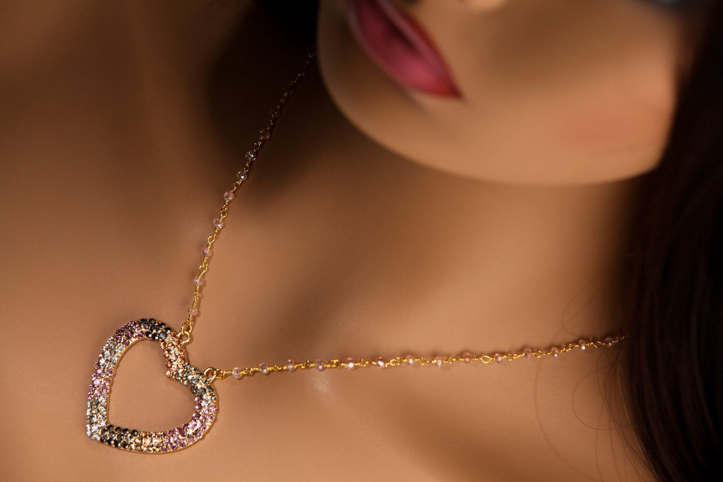 Cubic Zirconia CZ Diamond Style 39mm Heart Pendant, Gold Pink Crystal Wire Wrapped chain Necklace, valentines Gift for her