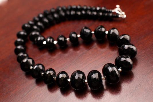 Black Onyx Faceted Graduated Rondelle 7-17mm with Silver Bali Style Spacers And toggle clasp 18&quot; Necklace