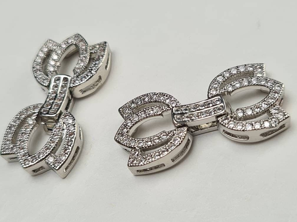 Multi strand, Cubic Zirconia CZ Diamond, Sterling Silver Rhodium Fancy Clasp, 1 to 3 Line High End Jewelry Making Clasp. 23mm Long