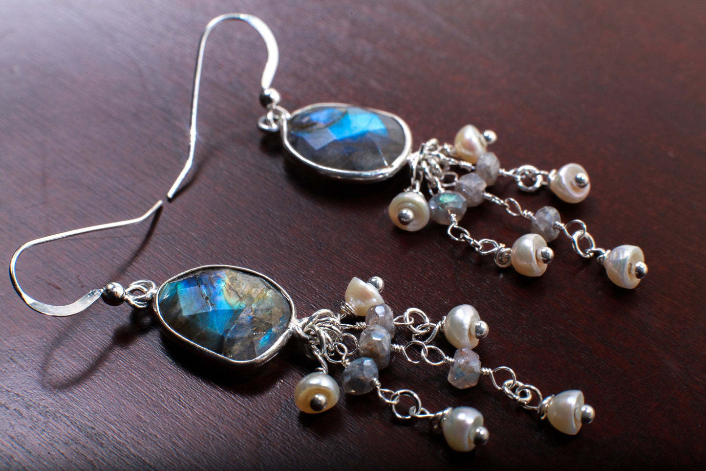 Natural Labradorite Oval Free Form Bezel and Fresh Water Pearl, Labradorite Clusters in .925 Sterling Silver Earrings