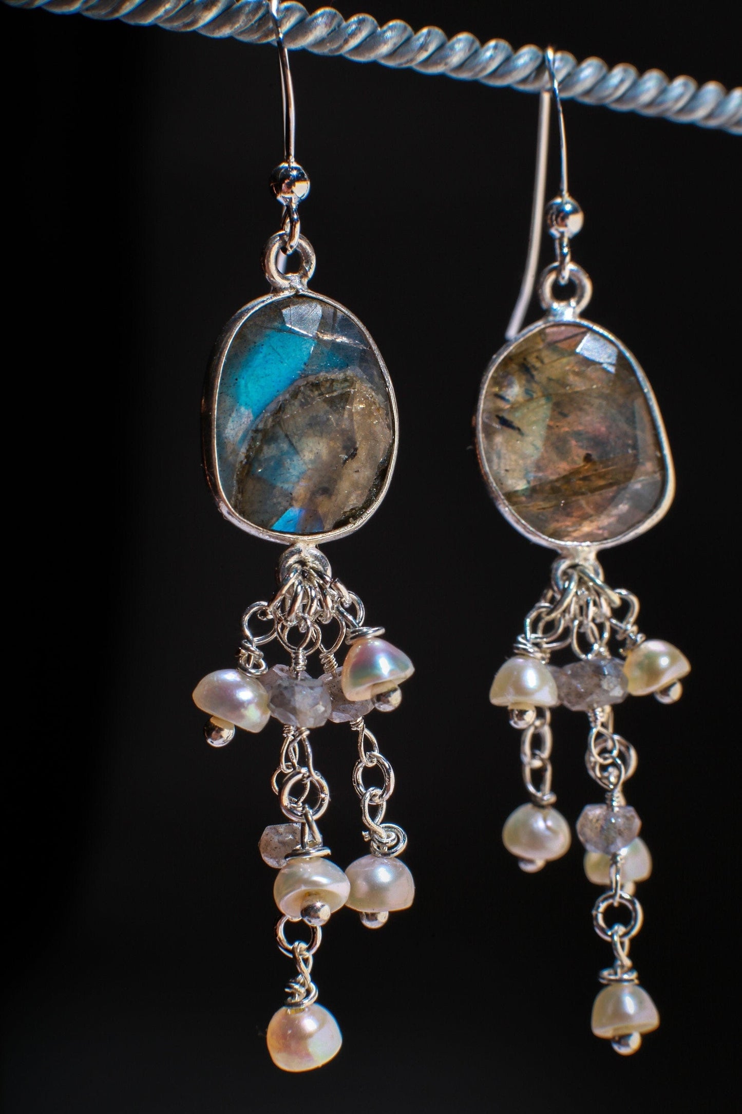 Natural Labradorite Oval Free Form Bezel and Fresh Water Pearl, Labradorite Clusters in .925 Sterling Silver Earrings