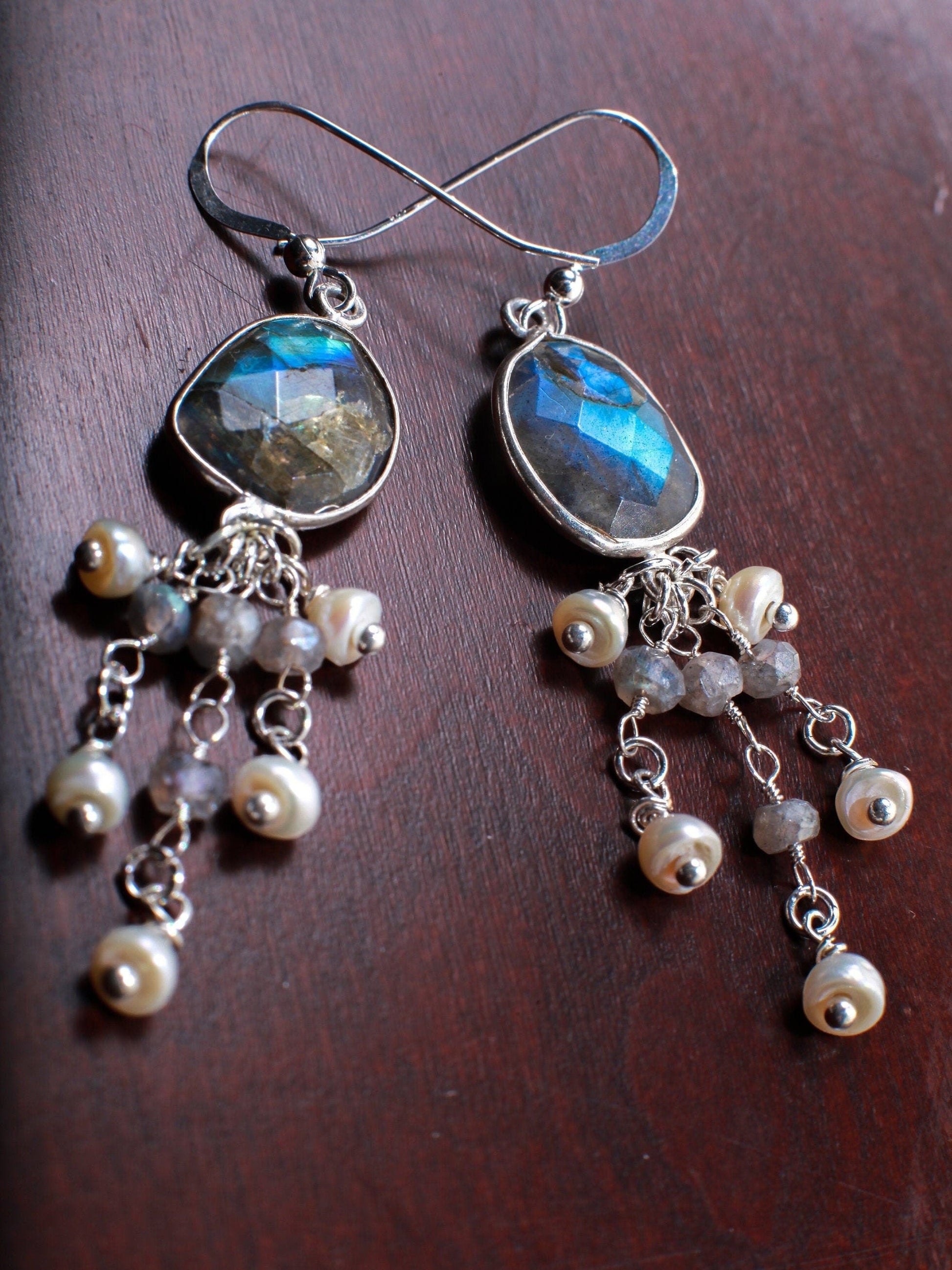 Natural Labradorite Oval Free Form Bezel and Fresh Water Pearl, Labradorite Clusters in .925 Sterling Silver Earrings