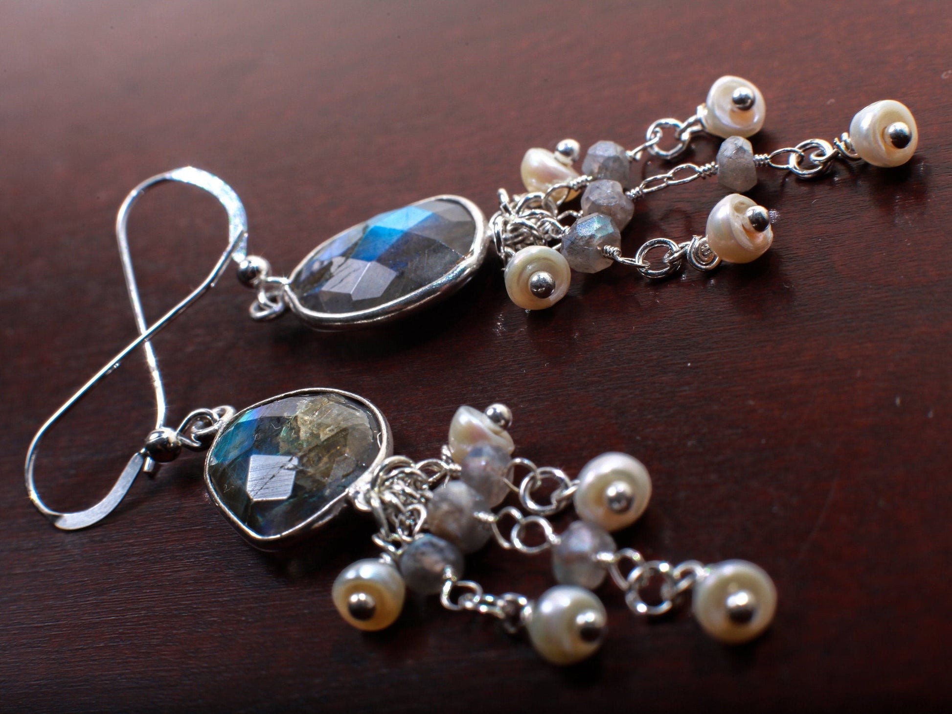 Natural Labradorite Oval Free Form Bezel and Fresh Water Pearl, Labradorite Clusters in .925 Sterling Silver Earrings