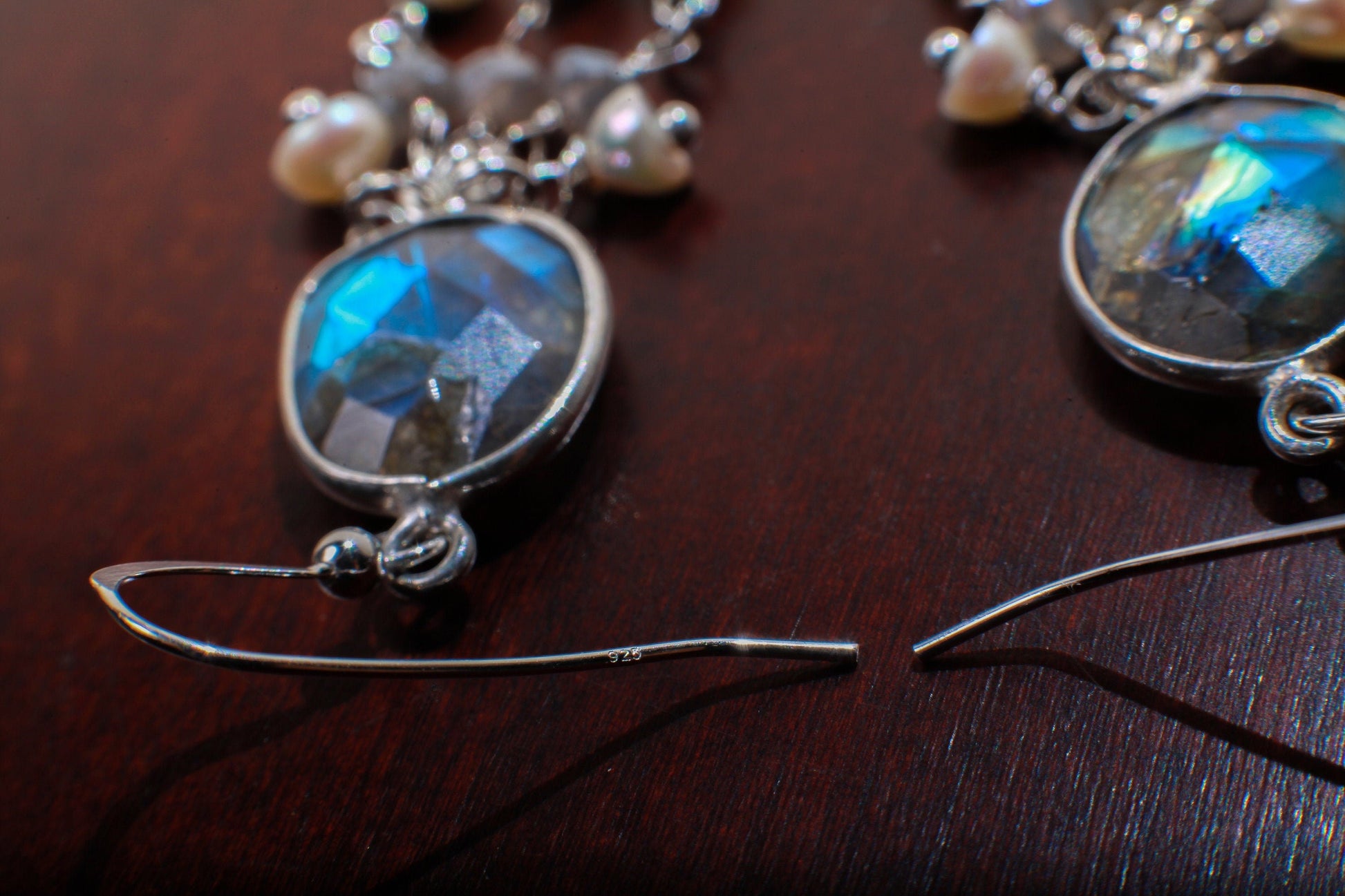 Natural Labradorite Oval Free Form Bezel and Fresh Water Pearl, Labradorite Clusters in .925 Sterling Silver Earrings