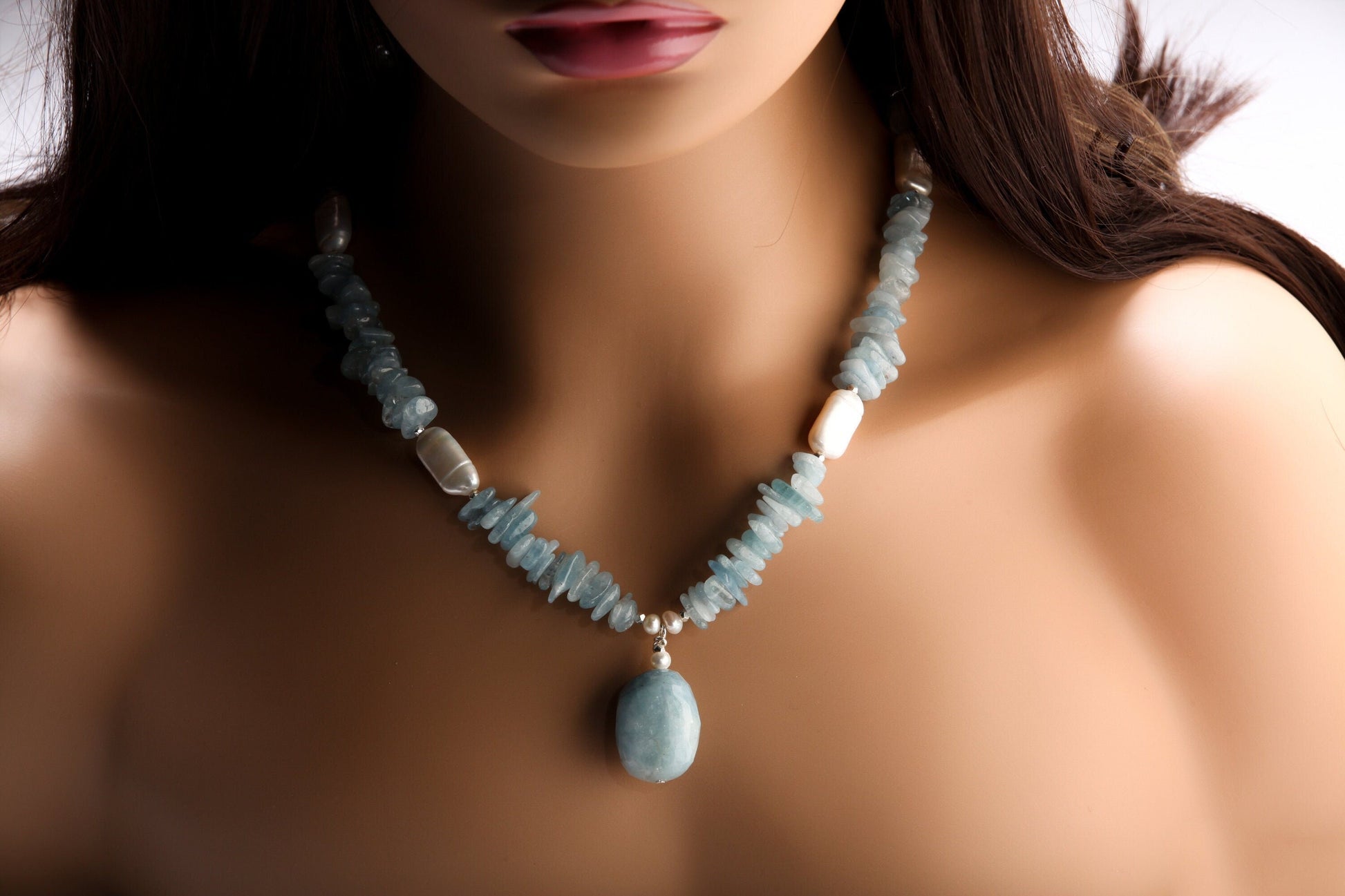Natural Aquamarine Faceted Free Form tumbled chips nugget, Aquamarine Pendant, Biwa Freshwater stick Pearl spacer,19”&2”ext,gift , Chakra