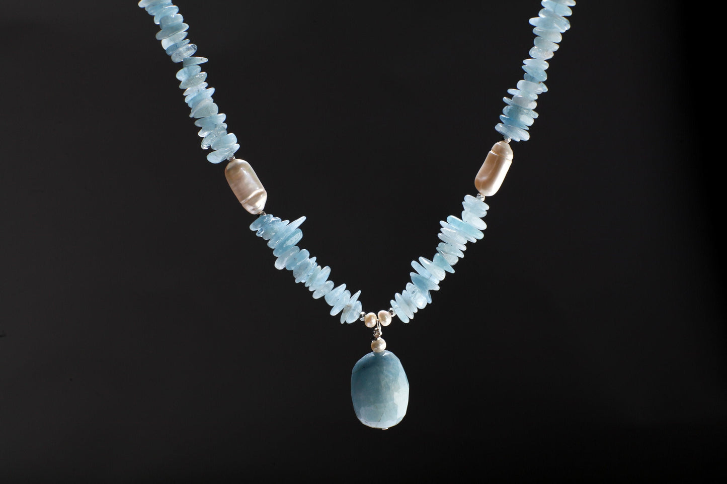 Natural Aquamarine Faceted Free Form tumbled chips nugget, Aquamarine Pendant, Biwa Freshwater stick Pearl spacer,19”&2”ext,gift , Chakra