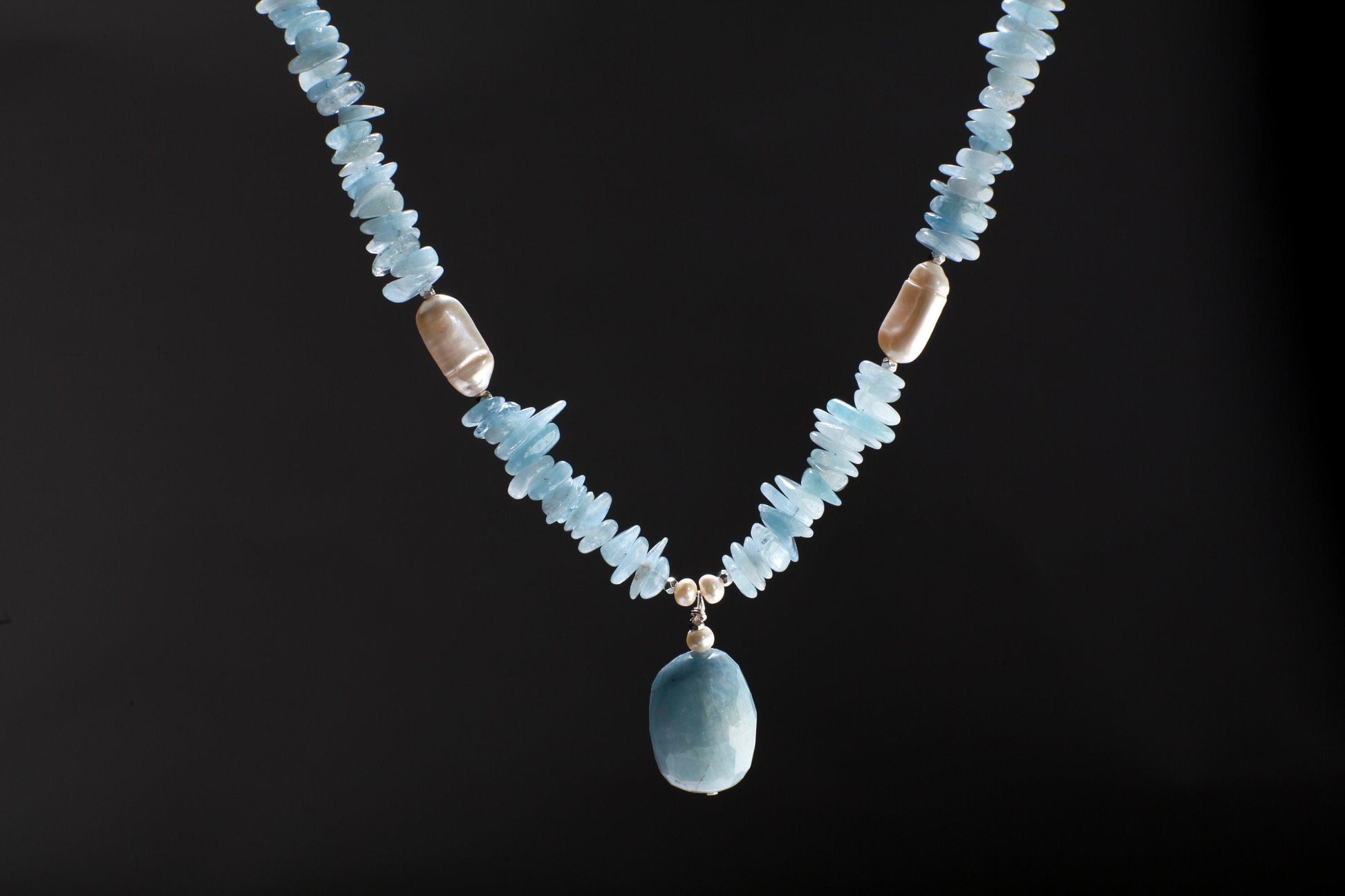 Natural Aquamarine Faceted Free Form tumbled chips nugget, Aquamarine Pendant, Biwa Freshwater stick Pearl spacer,19”&2”ext,gift , Chakra