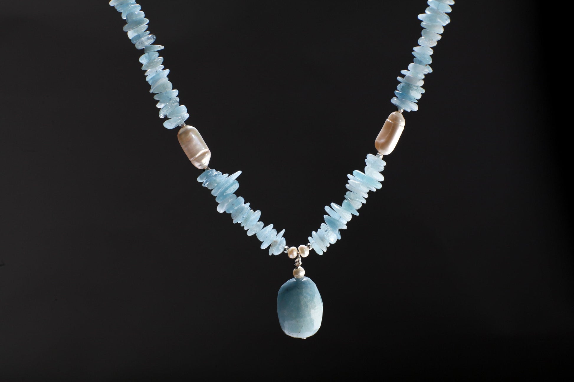 Natural Aquamarine Faceted Free Form tumbled chips nugget, Aquamarine Pendant, Biwa Freshwater stick Pearl spacer,19”&2”ext,gift , Chakra