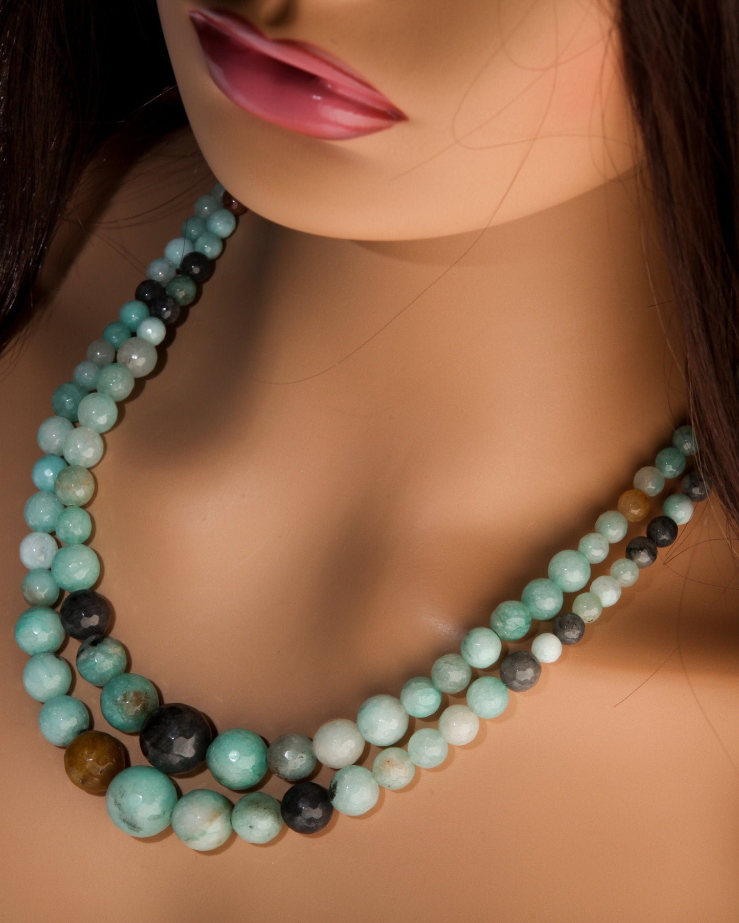 Multi Amazonite Graduated Faceted Round 2 Line Adjustable 19&quot; Gemstone Necklace with 3&quot; Extension, Gift For Her