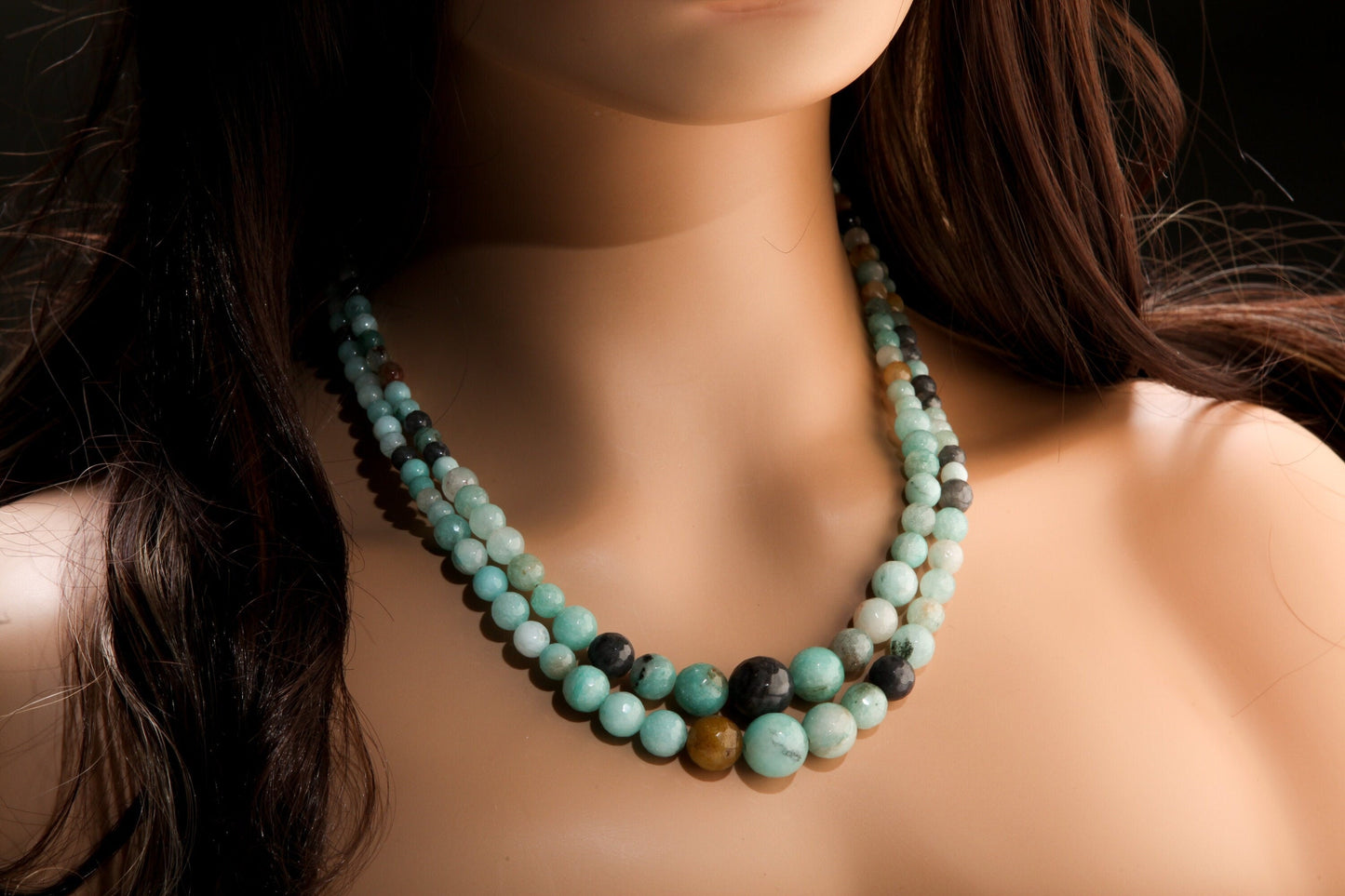 Multi Amazonite Graduated Faceted Round 2 Line Adjustable 19&quot; Gemstone Necklace with 3&quot; Extension, Gift For Her