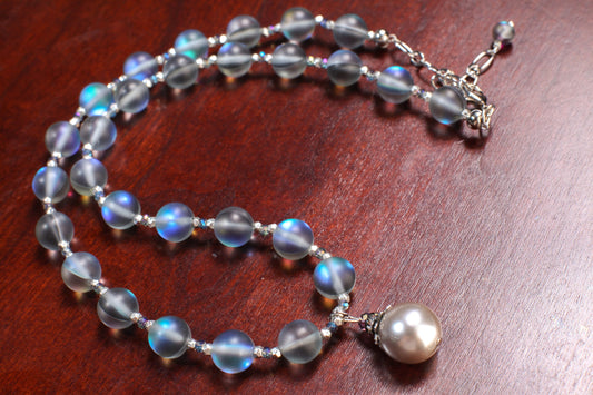 Matte Sea Glass, Mermaid glow Bead 10mm Round with South Seashell Pearl 14mm Pendant 18" Necklace with 3" Extension