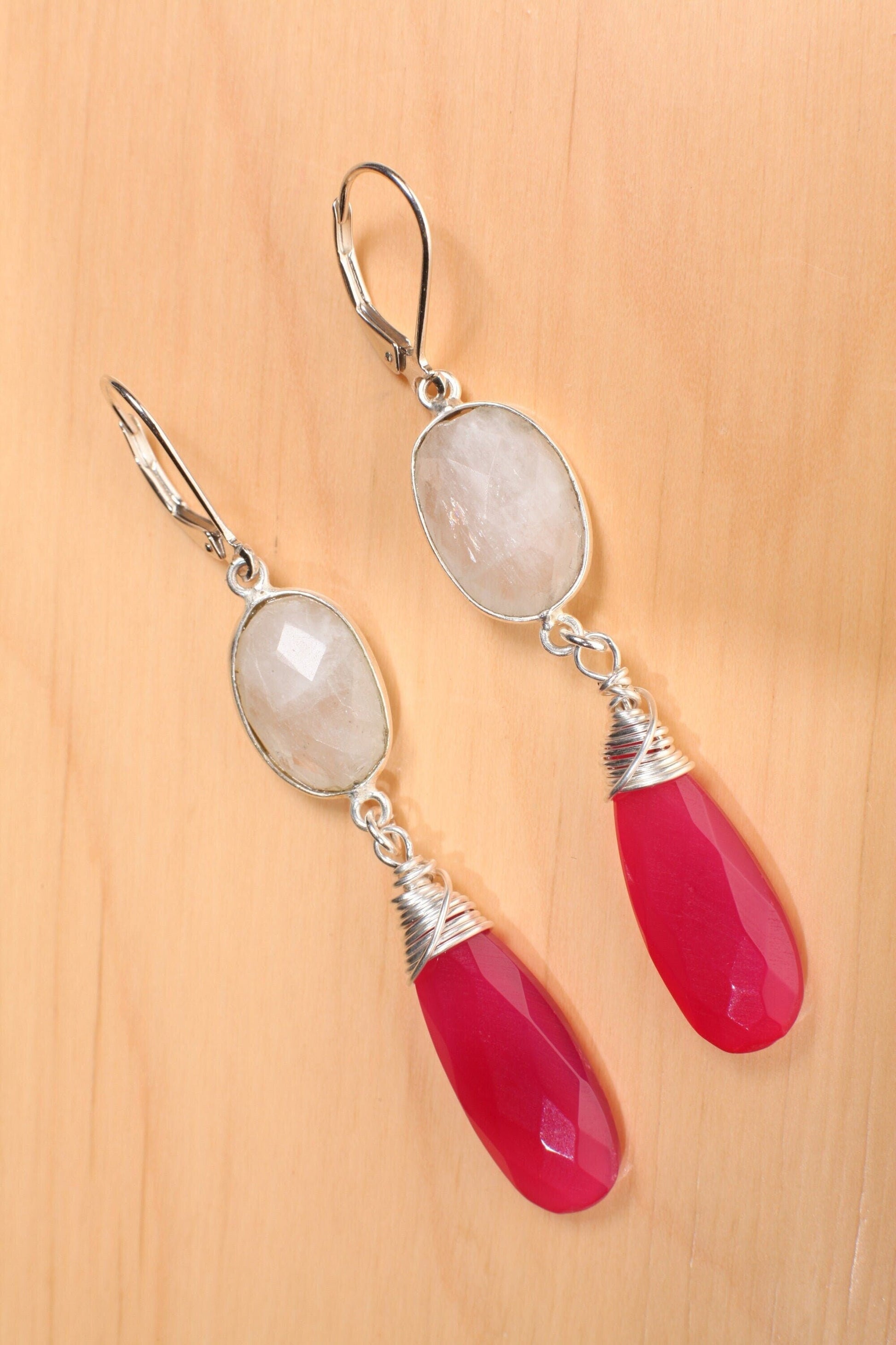 Moonstone in Sterling Silver Bezel with Dangle Hot Pink Chalcedony 9.5x25mm Wire Wrapped Briolette Teardrop in 925 Sterling Silver Leverback