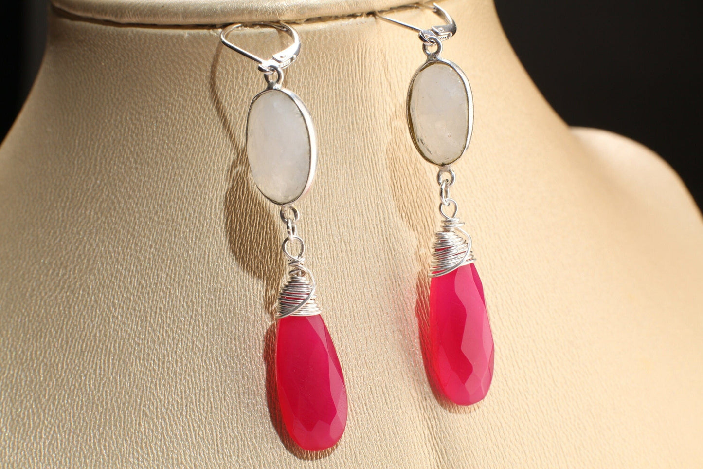 Moonstone in Sterling Silver Bezel with Dangle Hot Pink Chalcedony 9.5x25mm Wire Wrapped Briolette Teardrop in 925 Sterling Silver Leverback