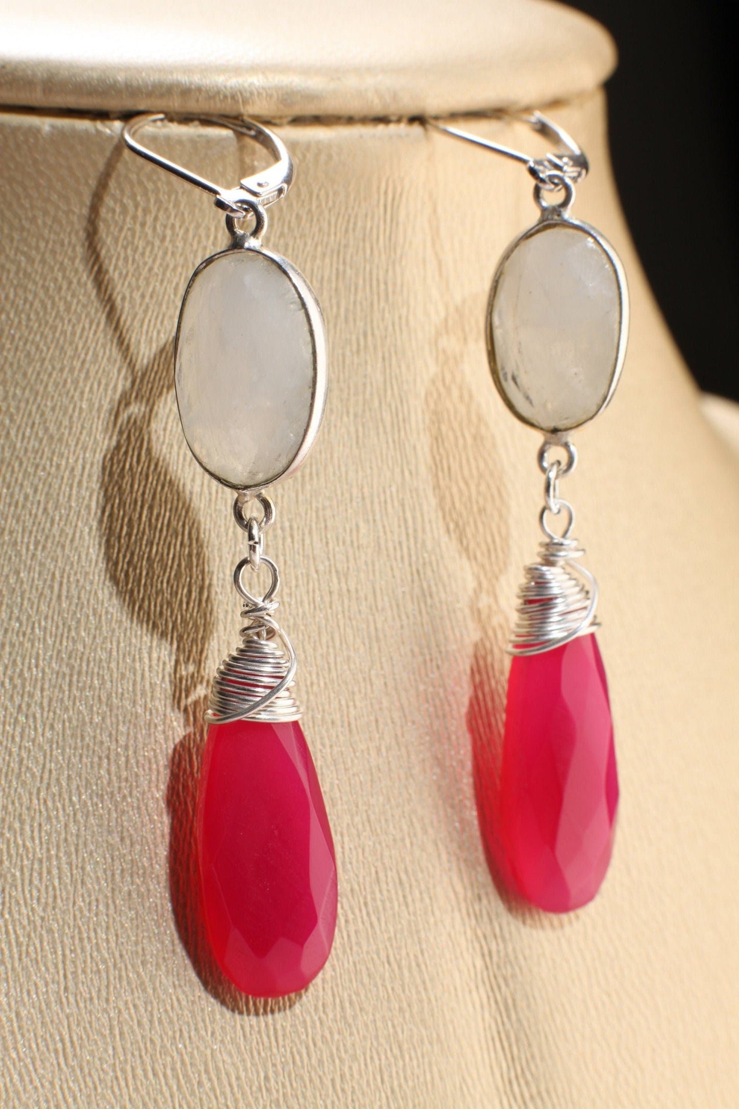 Moonstone in Sterling Silver Bezel with Dangle Hot Pink Chalcedony 9.5x25mm Wire Wrapped Briolette Teardrop in 925 Sterling Silver Leverback