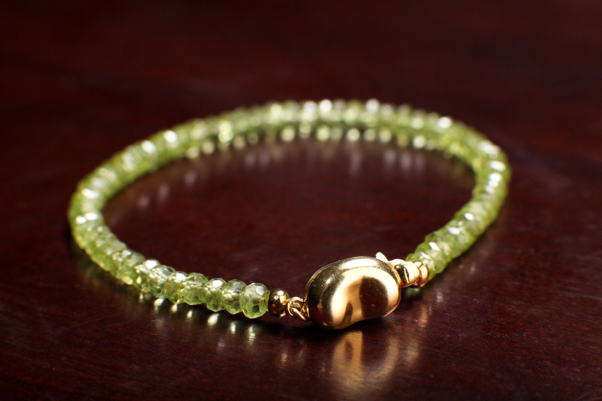 Peridot Faceted 4mm Rondelle with 18K Gold Vermeil or 925 Sterling Silver Bean Shape Clasp Bracelet Gift for her