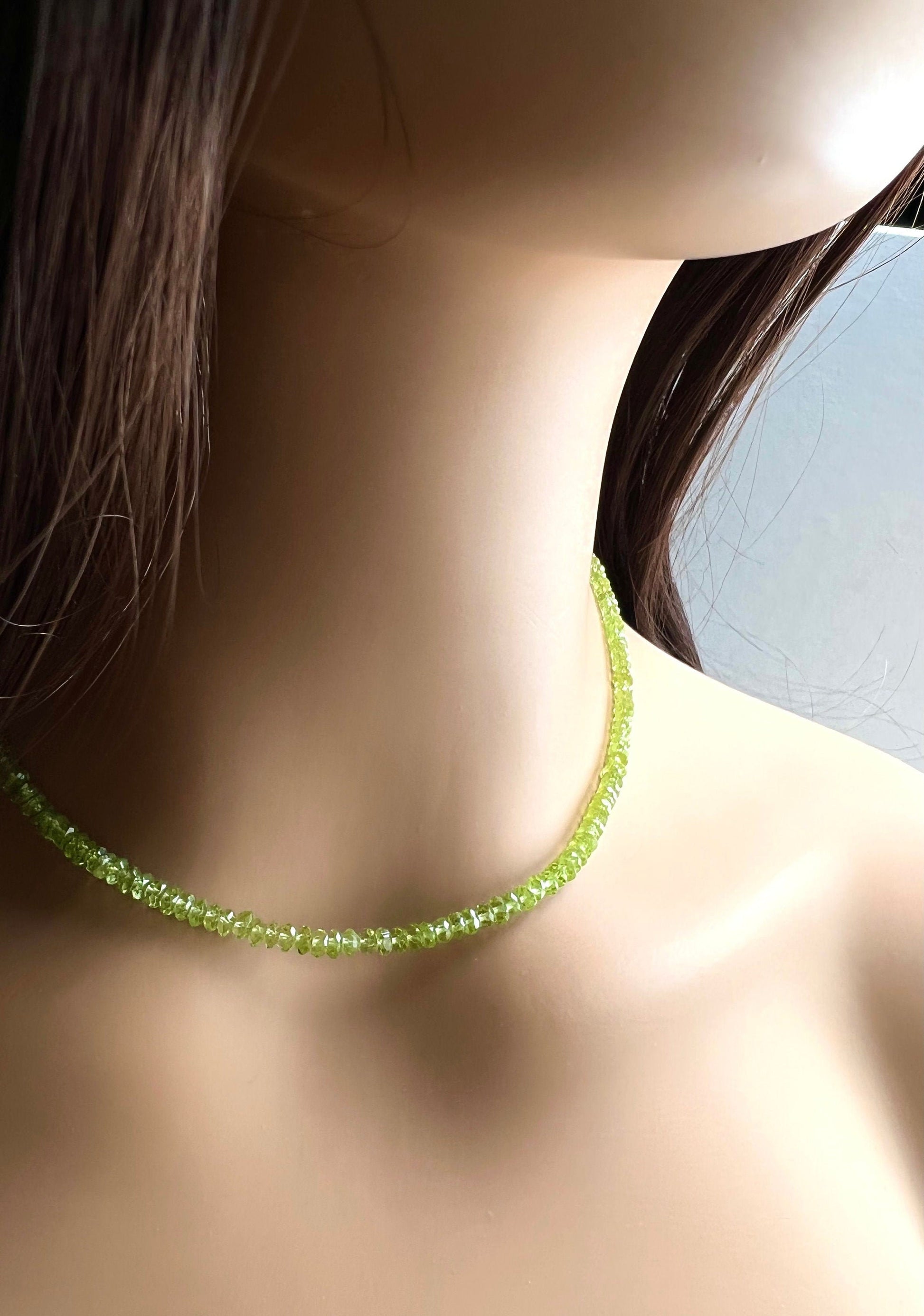 Peridot Faceted 3.5mm Rondelle Choker Necklace in 925 Sterling Silver, natural peridot AAA quality, green Birthday, Woman gifts
