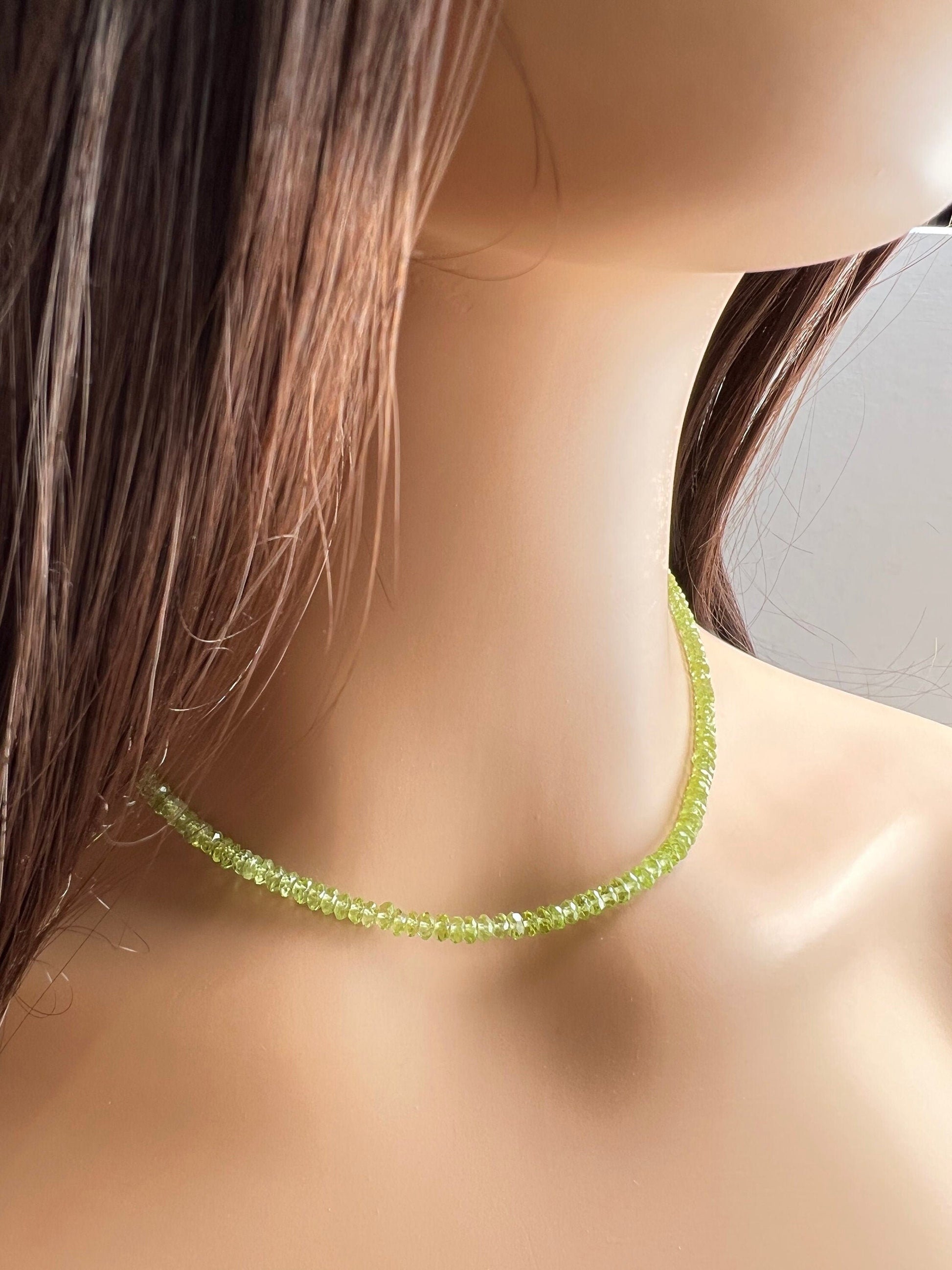 Peridot Faceted 3.5mm Rondelle Choker Necklace in 925 Sterling Silver, natural peridot AAA quality, green Birthday, Woman gifts