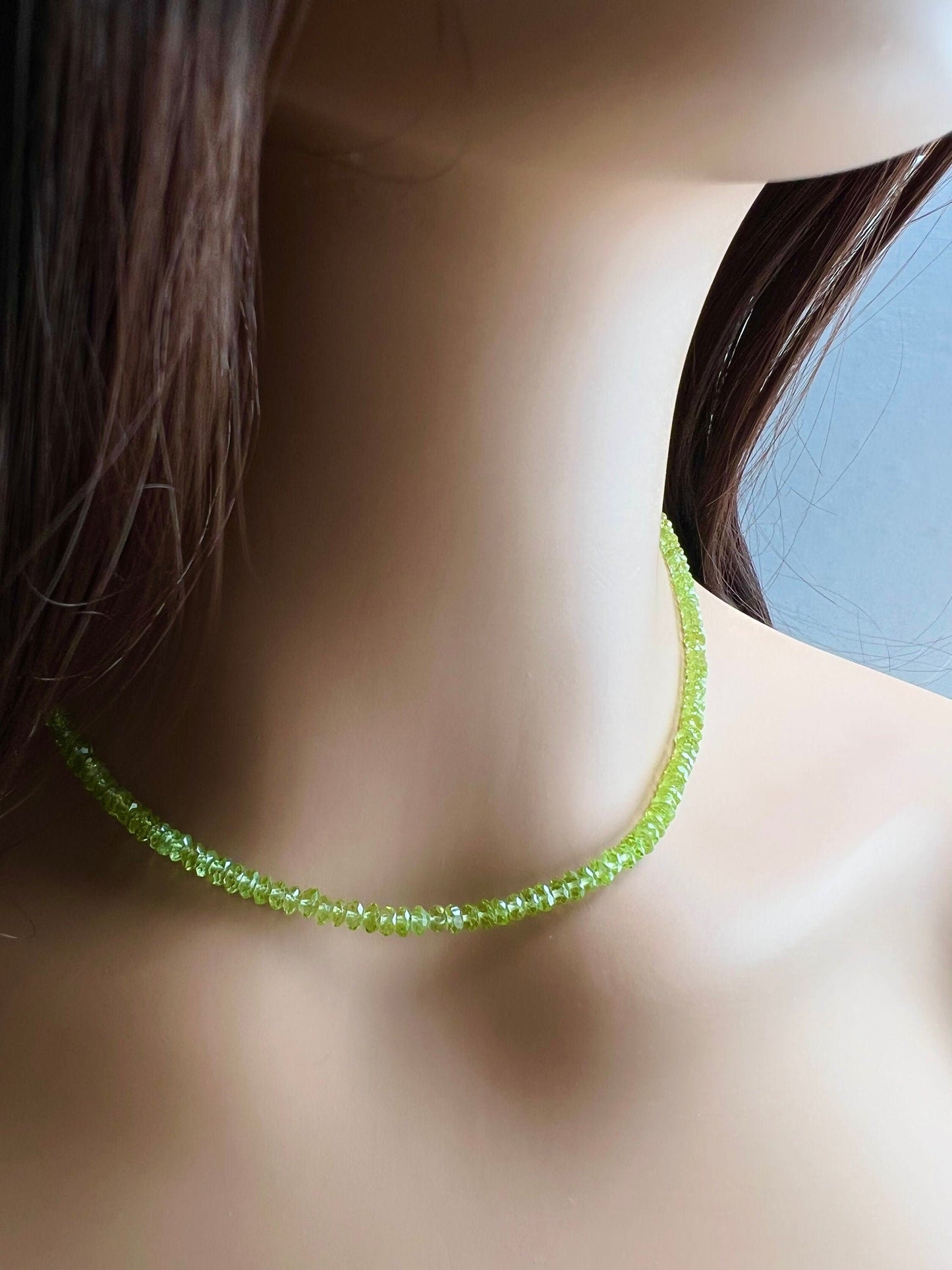 Peridot Faceted 3.5mm Rondelle Choker Necklace in 925 Sterling Silver, natural peridot AAA quality, green Birthday, Woman gifts