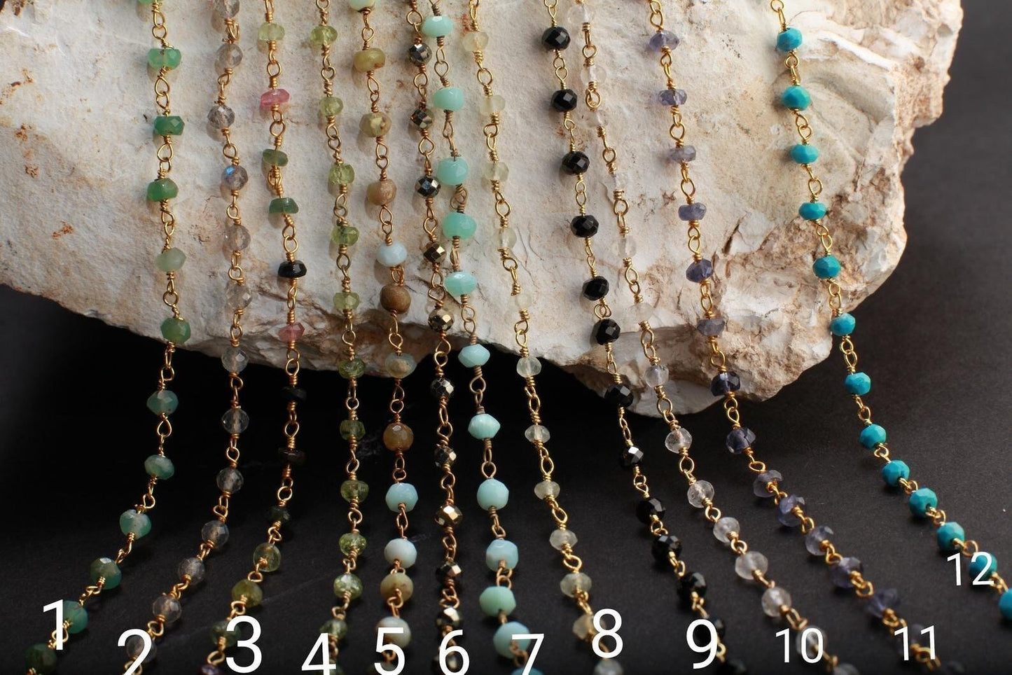Chrysoprase,Labradorite,Tourmaline,Peridot,Opal,Pyrite,Amazonite,Aquamarine,Spinel,Moonstone ,Iolite, TQ Gold Rosary Finished Chain Necklace