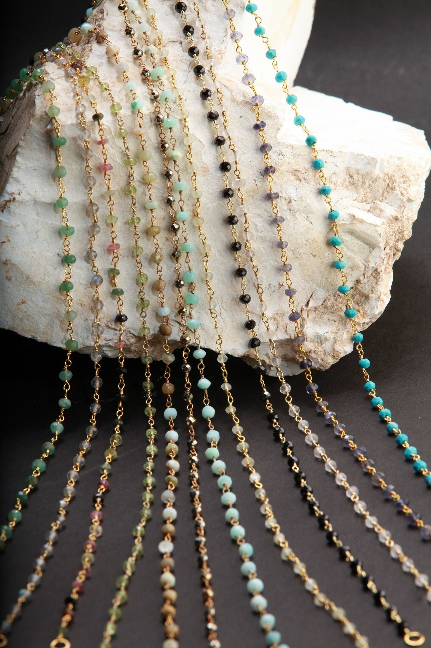 Chrysoprase,Labradorite,Tourmaline,Peridot,Opal,Pyrite,Amazonite,Aquamarine,Spinel,Moonstone ,Iolite, TQ Gold Rosary Finished Chain Necklace