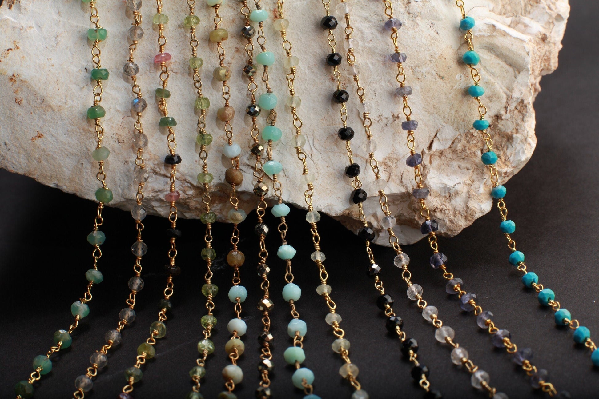 Chrysoprase,Labradorite,Tourmaline,Peridot,Opal,Pyrite,Amazonite,Aquamarine,Spinel,Moonstone ,Iolite, TQ Gold Rosary Finished Chain Necklace